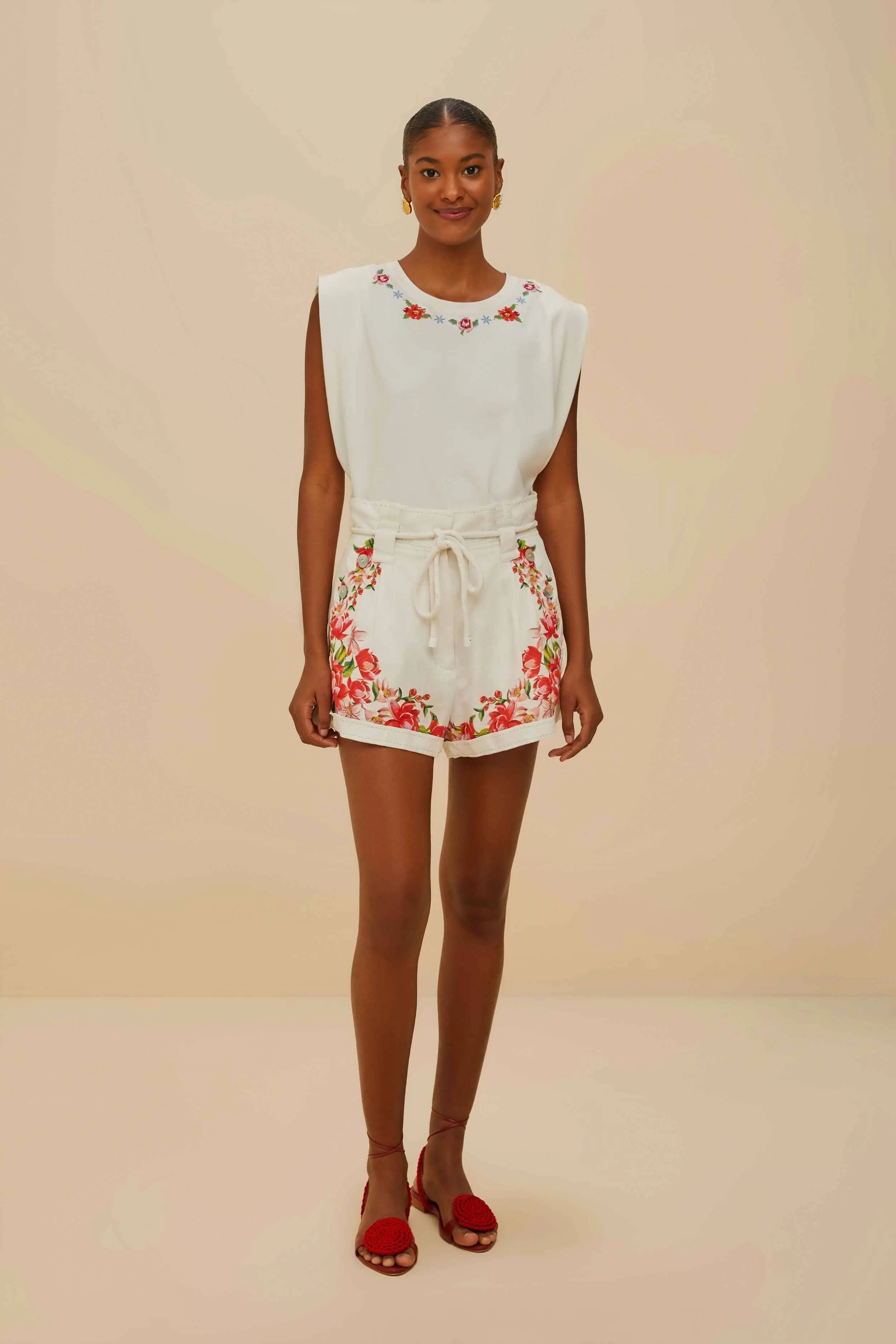 Multi Panel Cut Off-White Flower Tapestry Embroidered Shorts