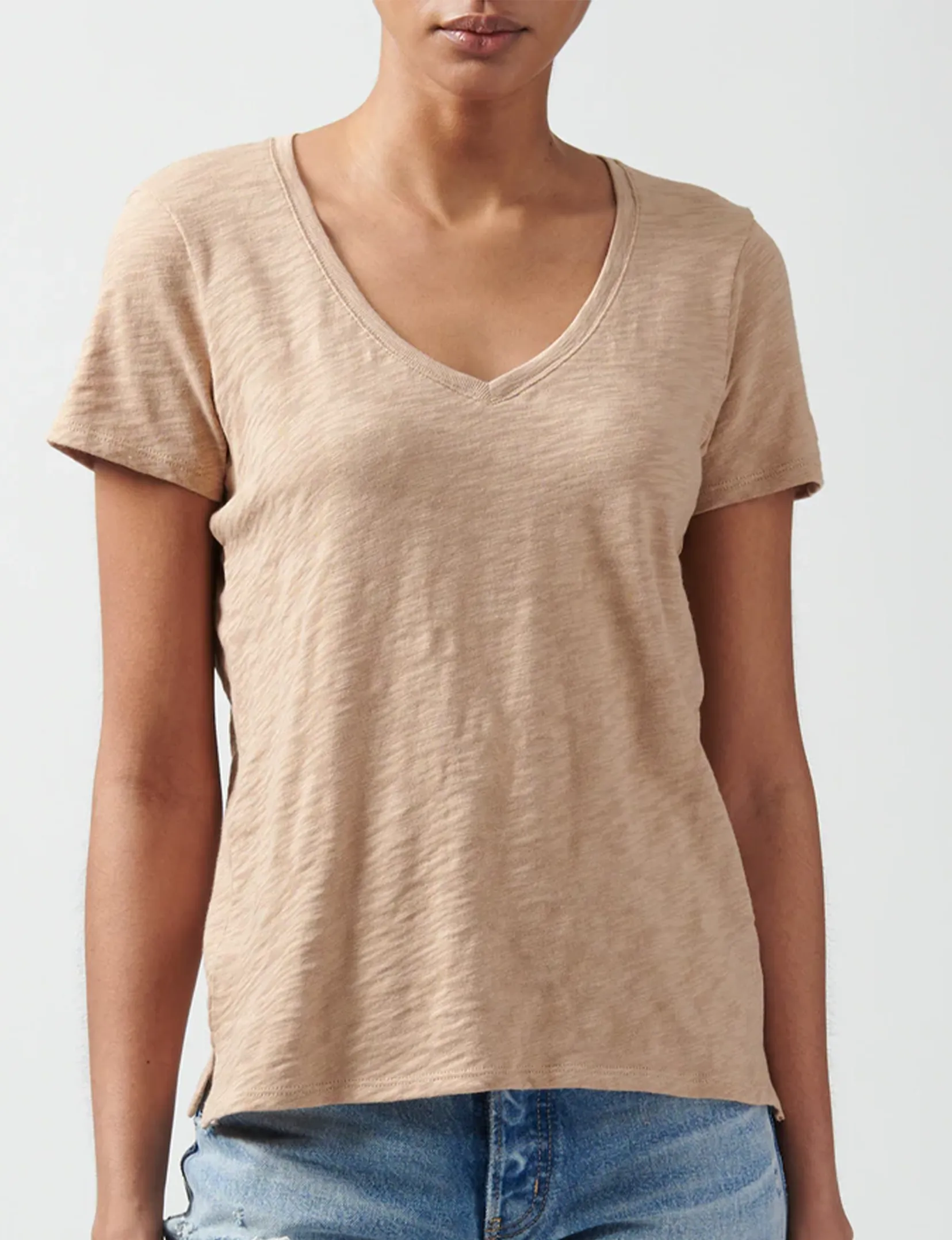 Slub Jersey V-Neck Tee, Camel Fashion Top Sleek Performance Fit