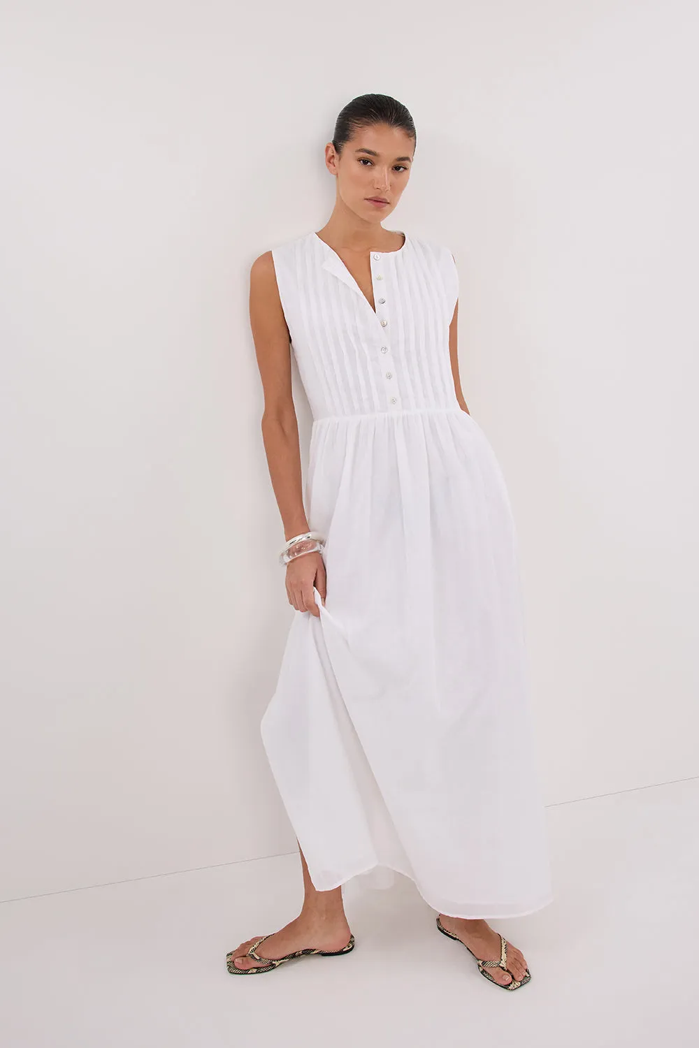 Cool Undertone LARS WHITE PINTUCK LINEN MIDI DRESS