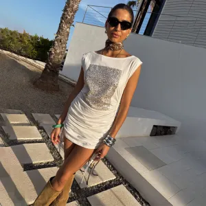 Statement-Buttons White Sequin Ruched Dress