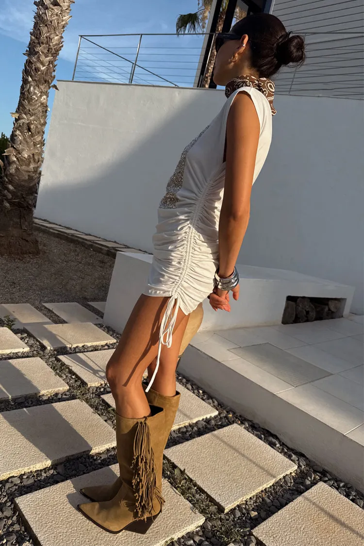 White Sequin Ruched Dress Lounge Ready