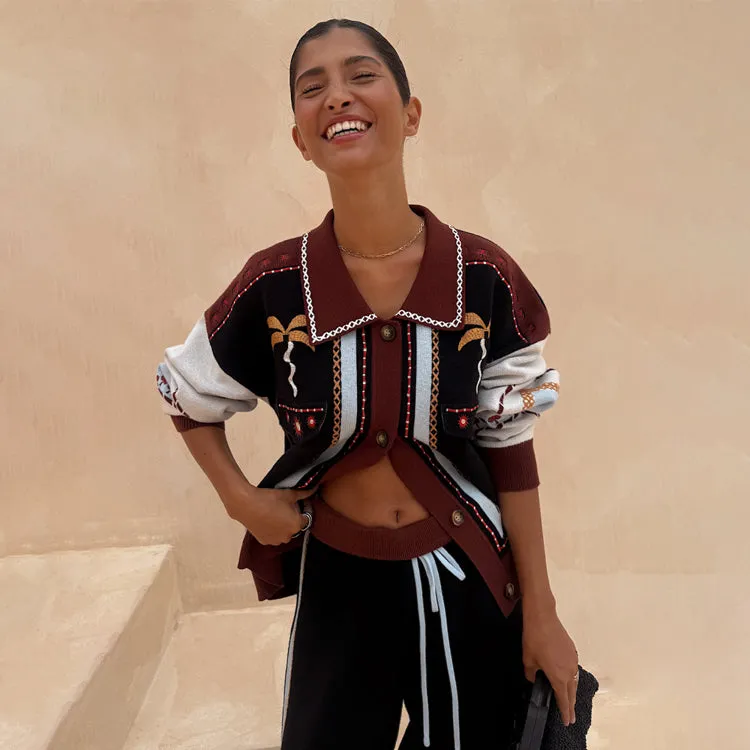 Classic Shape Geometric Knit Cardigan with Embroidery Detail