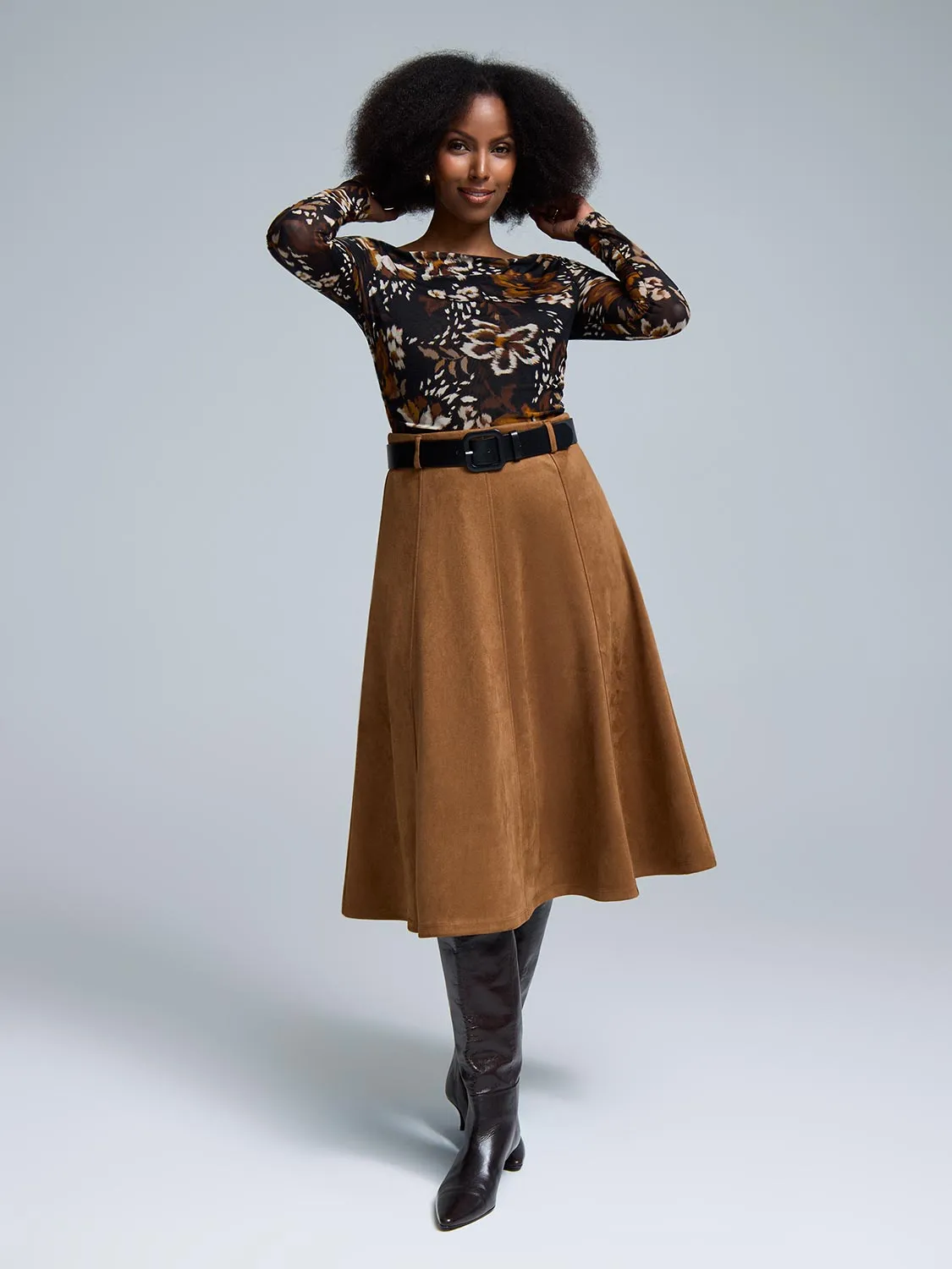 Eco Friendly Faux Leather Belted Faux Suede Skirt