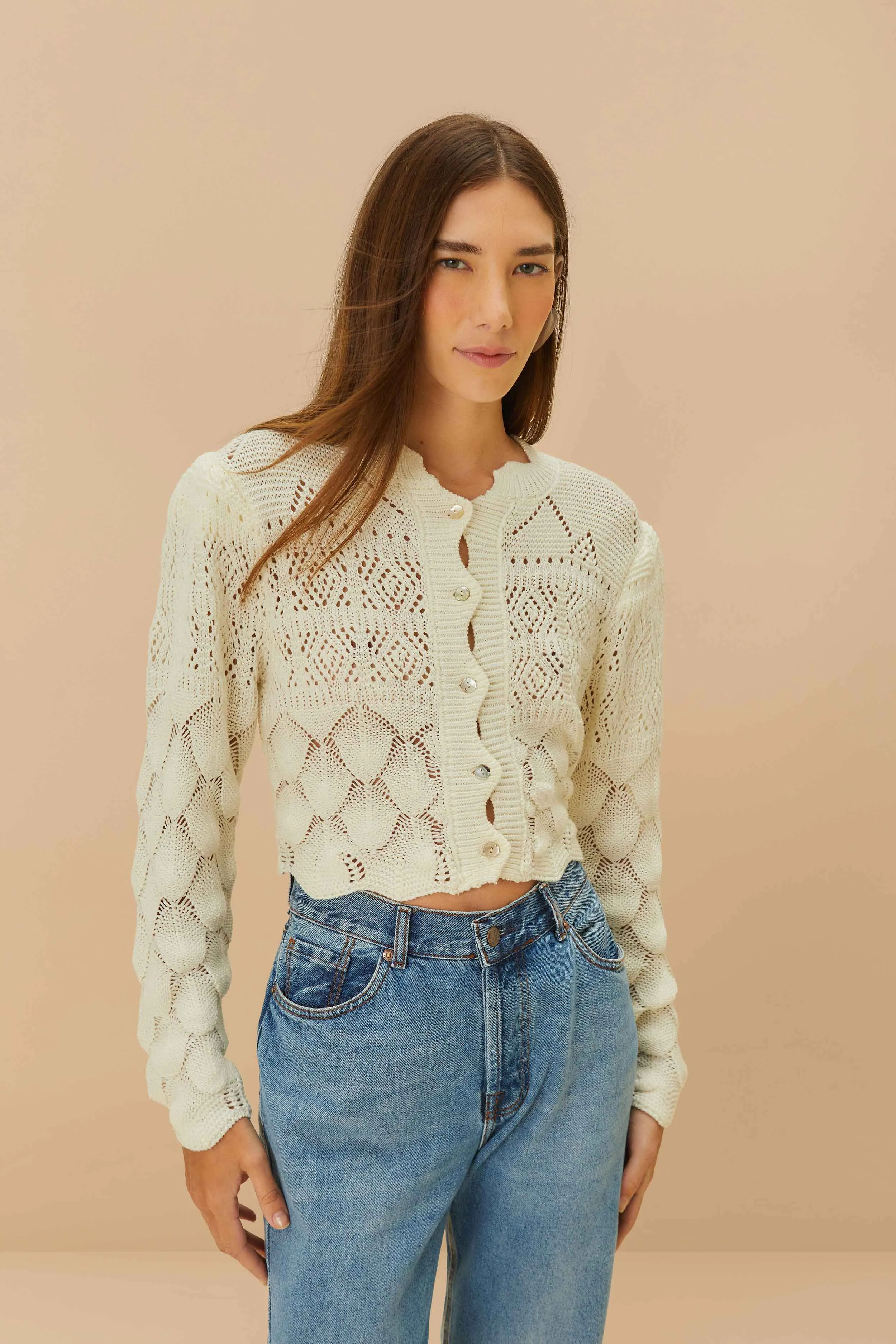 HighElastic Recovery Off-White Mixed Lace Stitch Cardigan