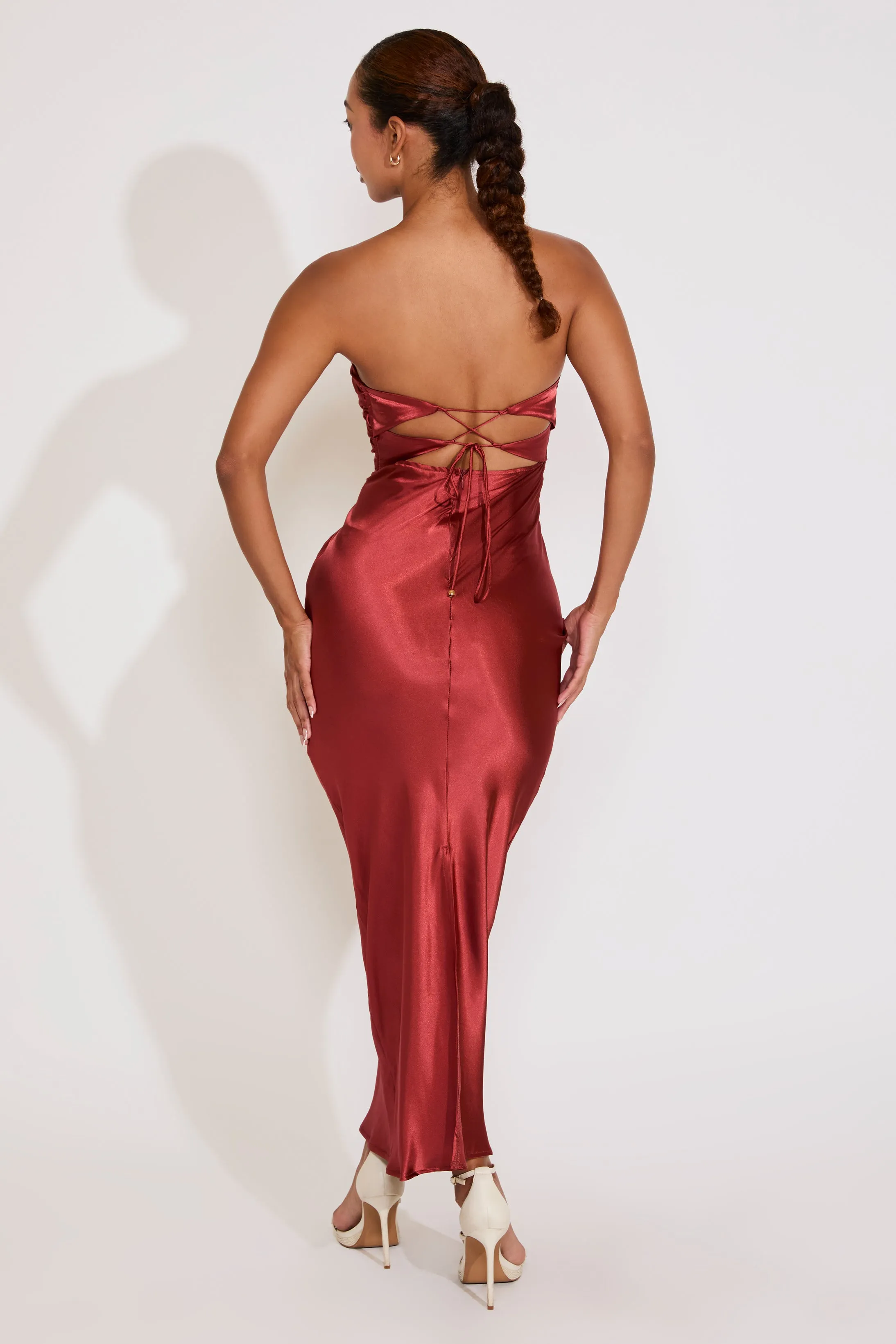 Balanced Light Light Fit STRAPLESS TWIST FRONT SATIN MAXI DRESS WITH CUTOUT