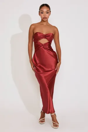 Crisp Look STRAPLESS TWIST FRONT SATIN MAXI DRESS WITH CUTOUT