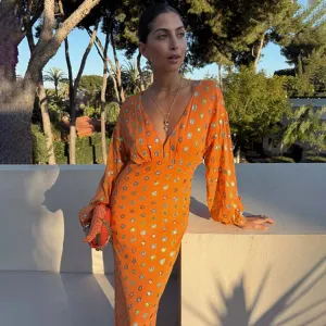 Coral Multi Foil Emma Dress Work Flex Guest Shine