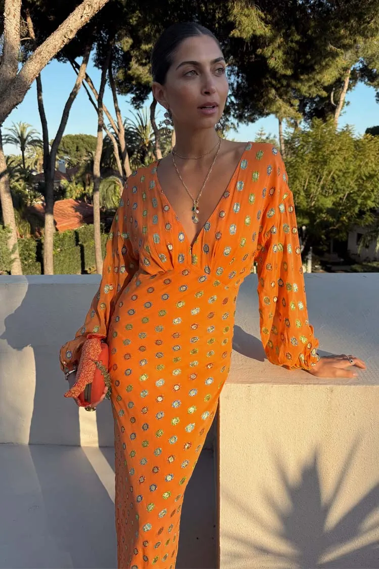 Modern and Feminine Coral Multi Foil Emma Dress