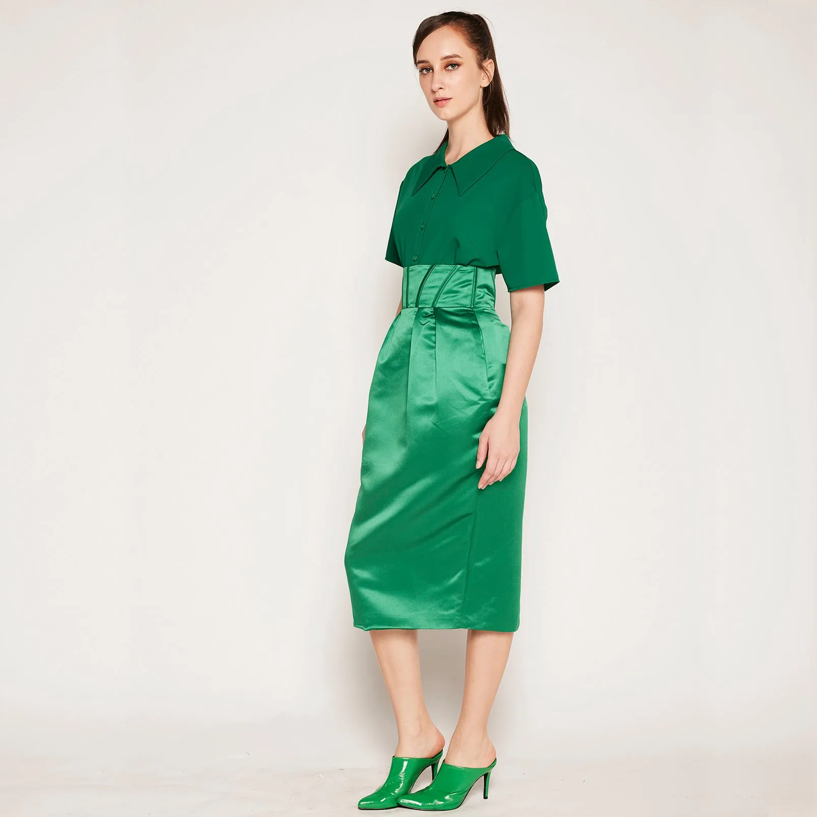 Pleated Construction flowy silhouette Corset Midi Skirt