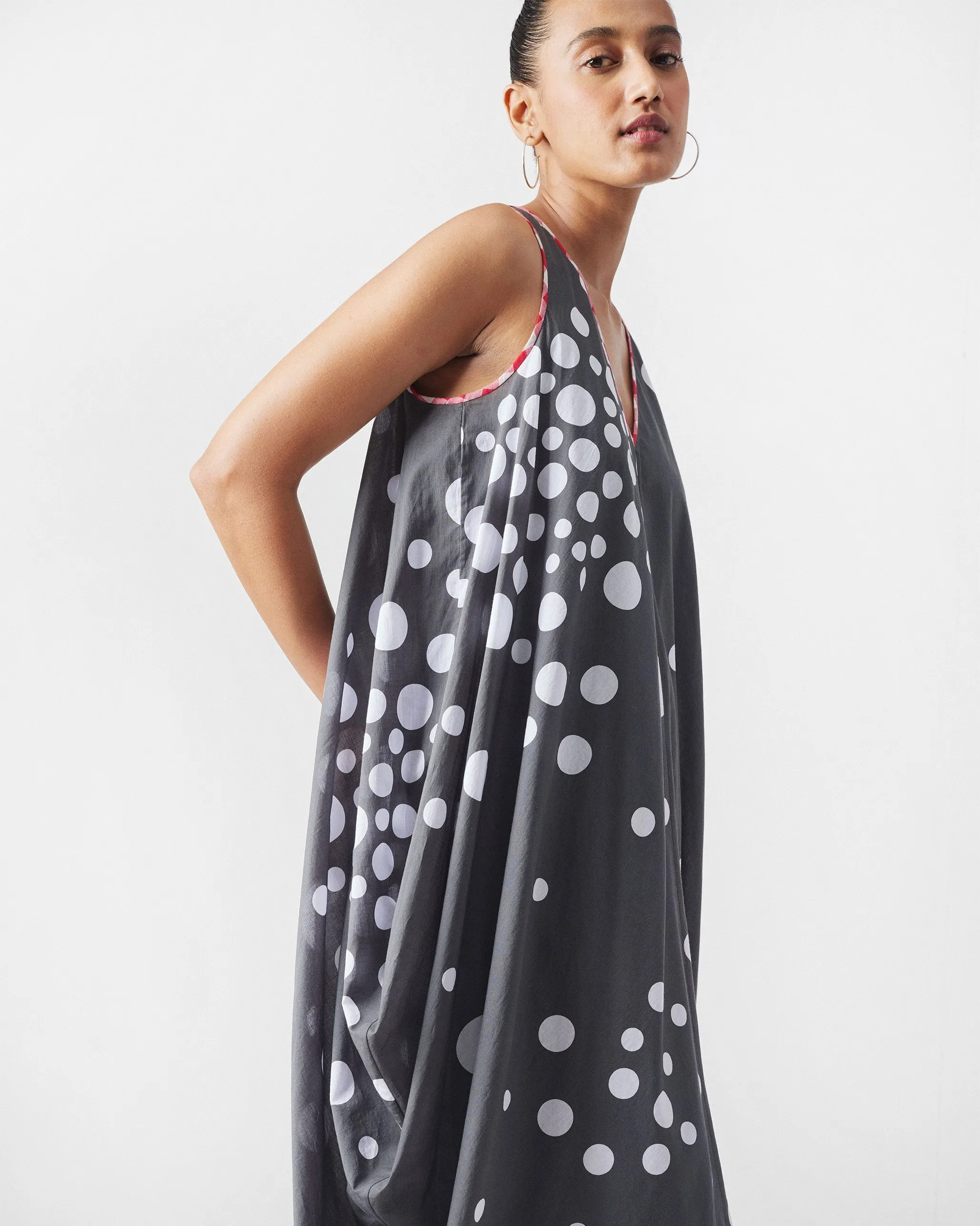 Cowl Dress with Slip - Charcoal & White Print Anti-bacterial