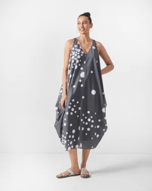 Cowl Dress with Slip - Charcoal & White Print Live Soft Metallic Finish