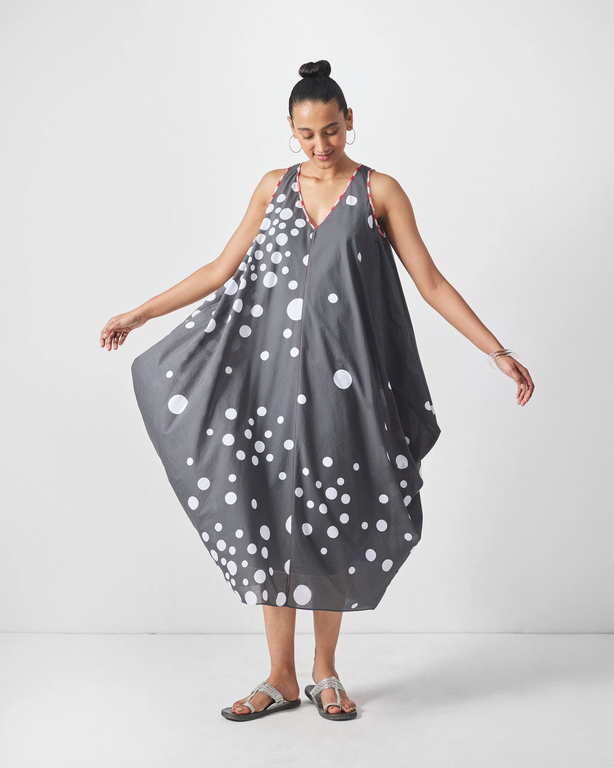 Cozy Drape Cowl Dress with Slip - Charcoal & White Print