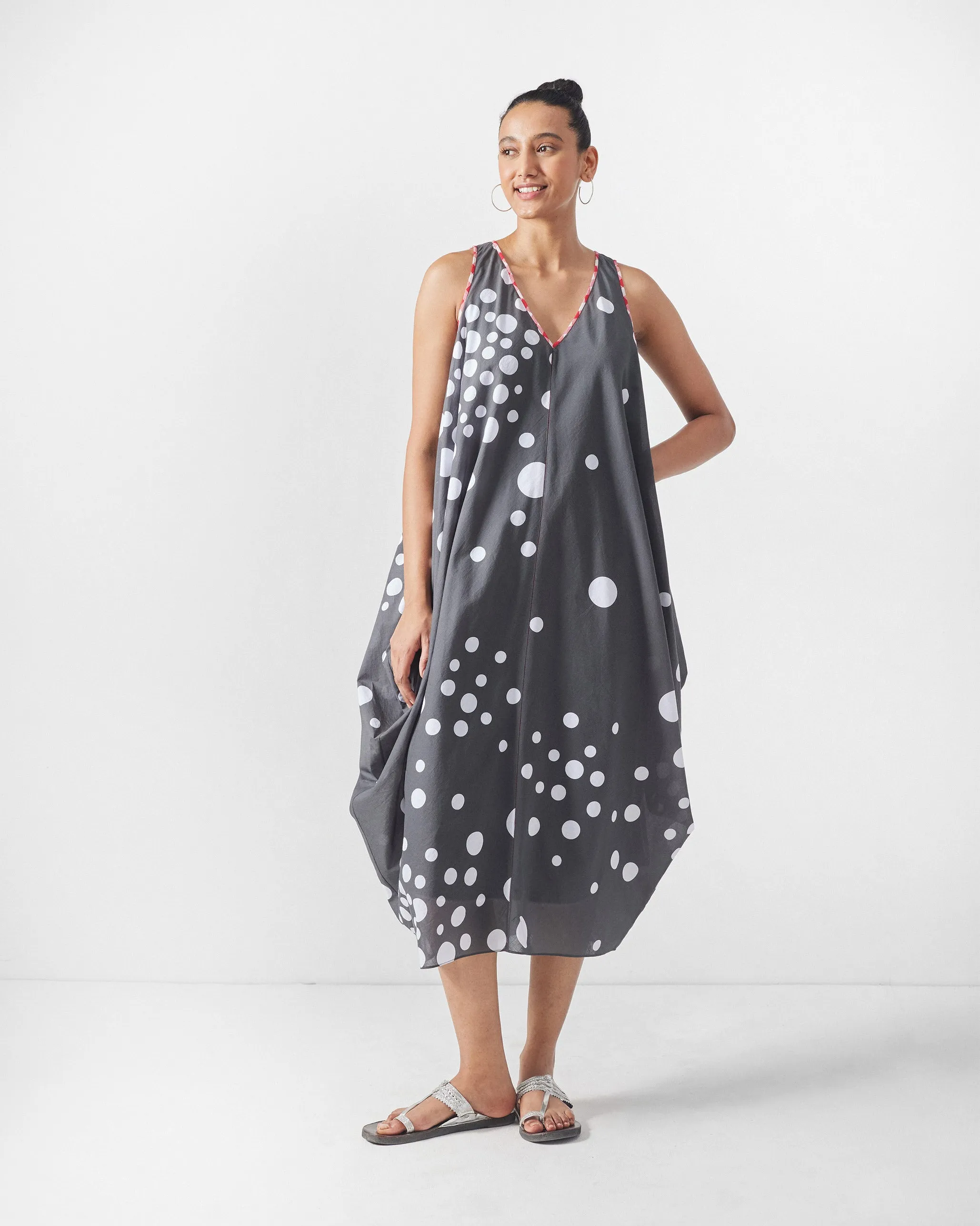 Cowl Dress with Slip - Charcoal & White Print Live Soft Metallic Finish