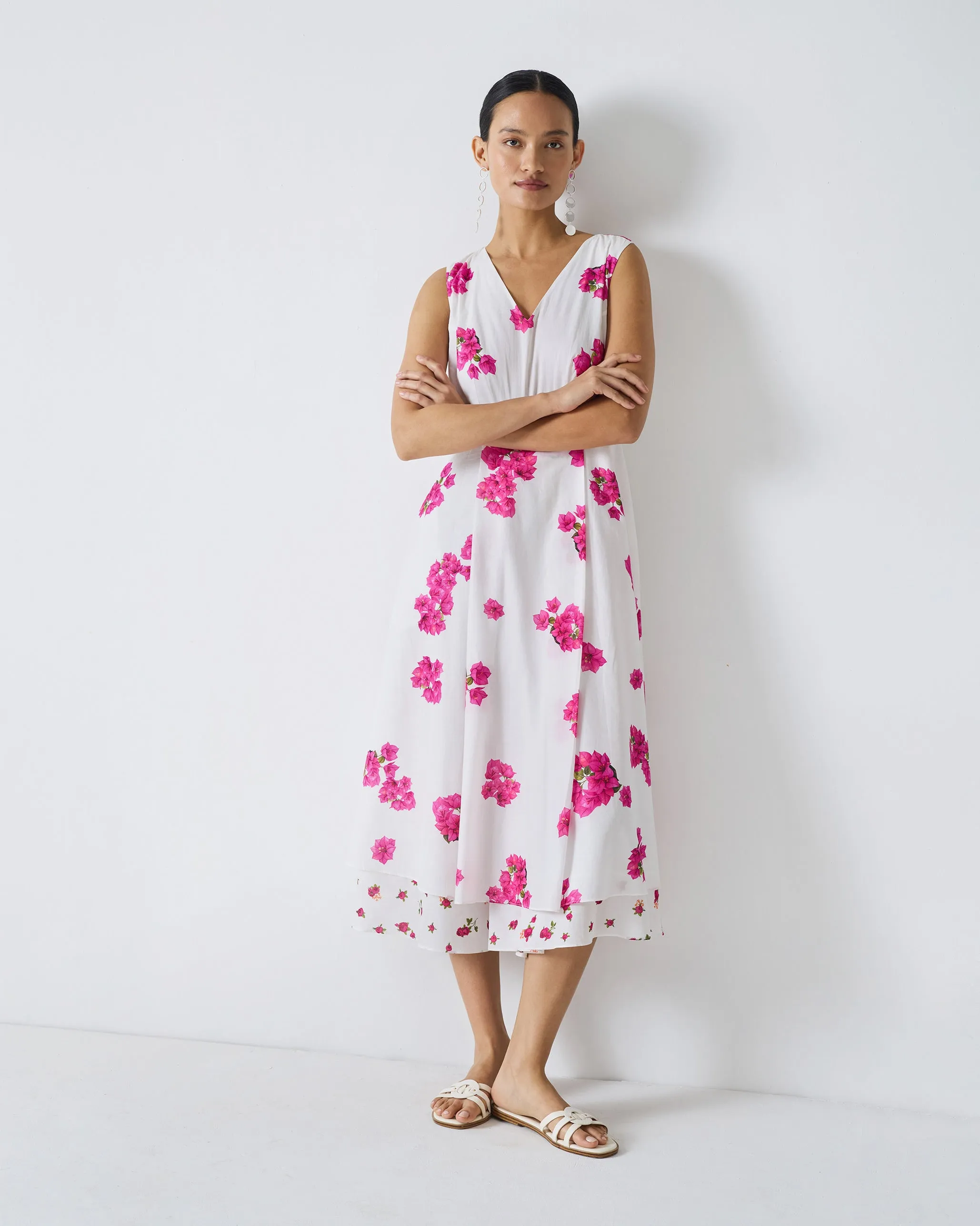 Chill Detail Warm Palette Ceylon Layered Dress - White & Fuchsia Print