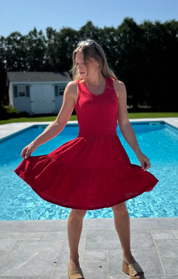 Metallic-Shine Lightweight Wear Rib V Neck Tiered Tank Dress