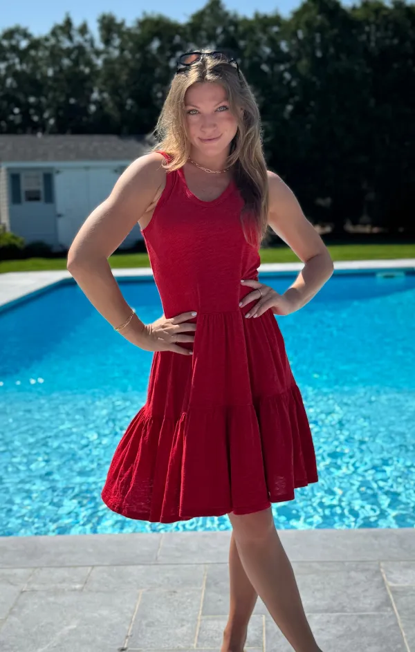 Rib V Neck Tiered Tank Dress Soft Hue