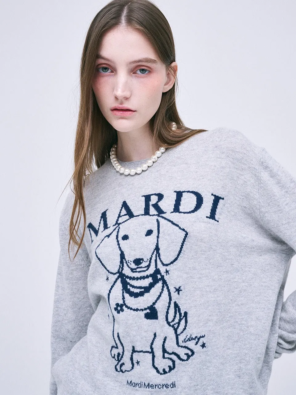 CASHMERE CREW NECK SWING THE TAIL DDANJI PEARL NECKLACE_HEATHER BLUE Outdoor Leisure