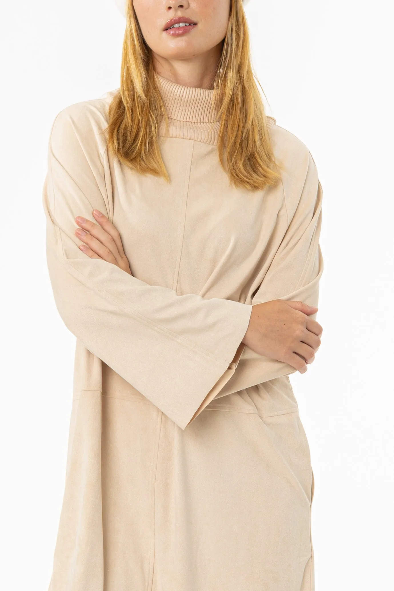 Cream Ribbed Turtleneck Microsuede Dress Cozy Flex