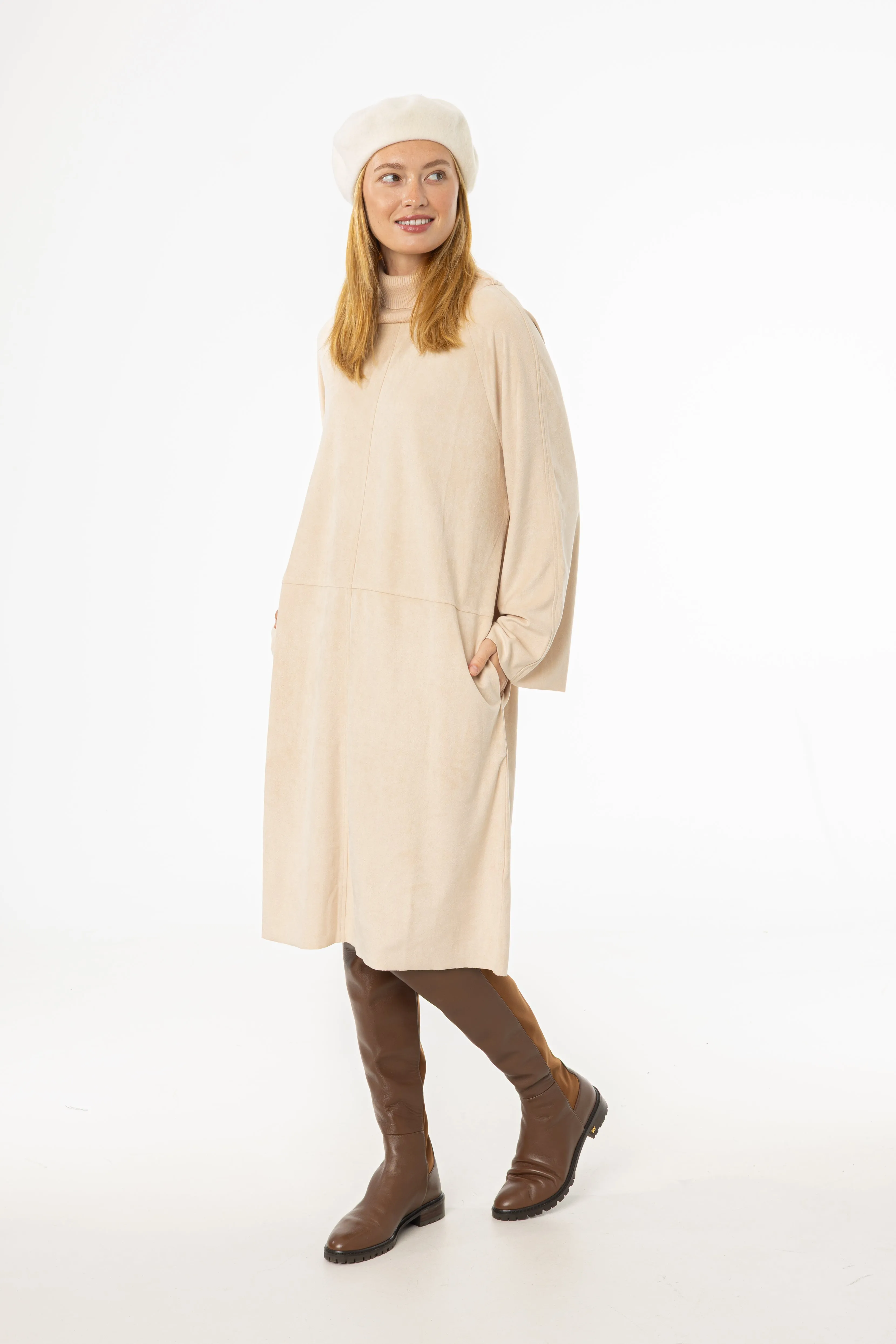 Modern and Stylish Cream Ribbed Turtleneck Microsuede Dress