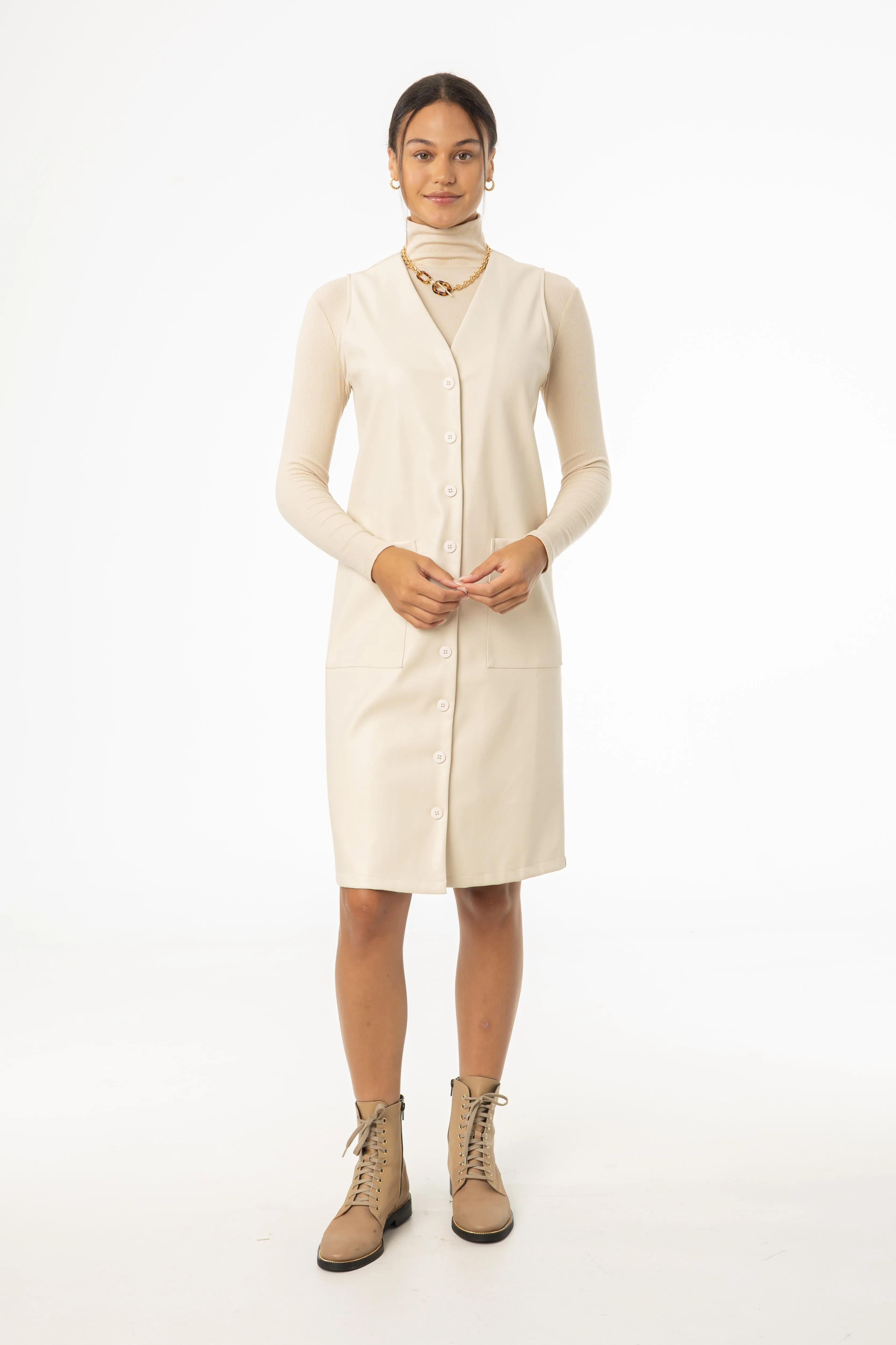 Pure Motion Earth Colors Cream Vegan Leather Vest Dress