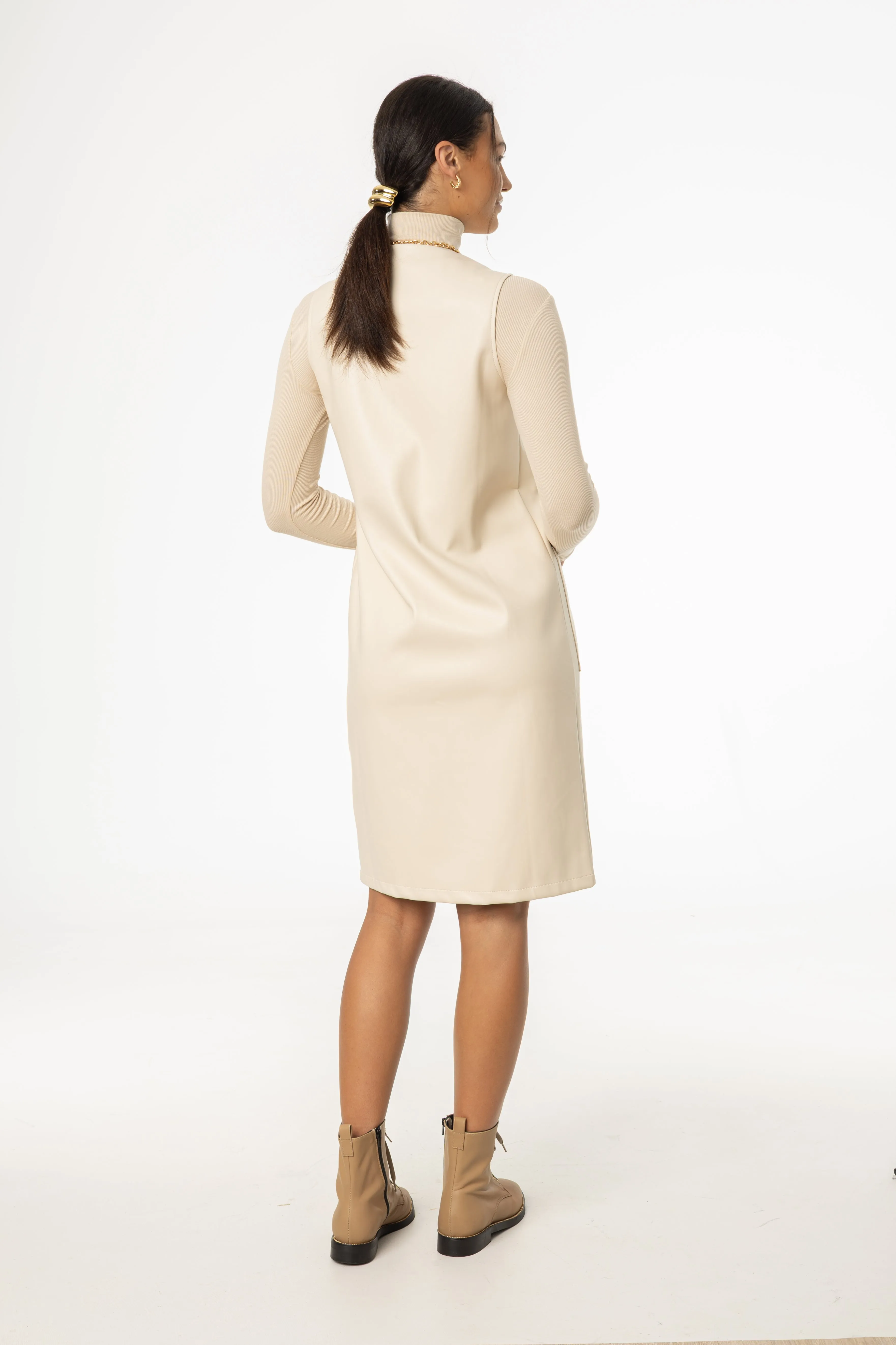 Smooth Tone Cream Vegan Leather Vest Dress