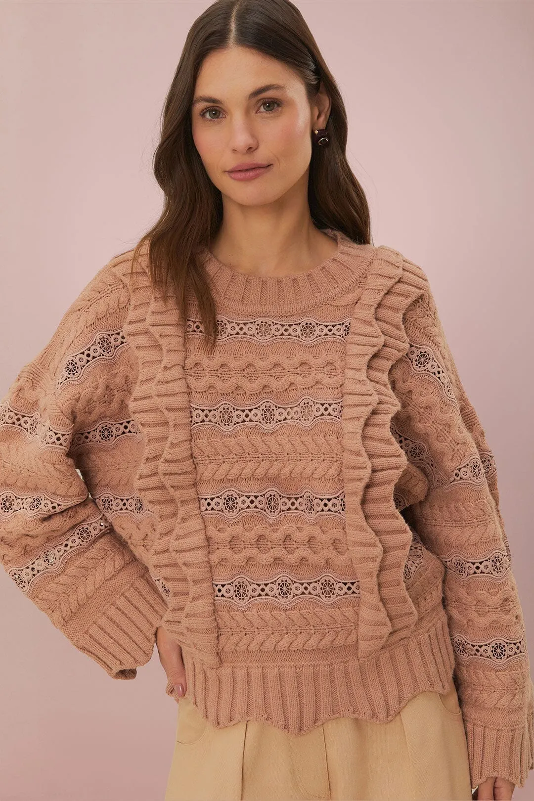 Sweater Knit Everyday Neutral Cream Wavy Ruffle Sweater