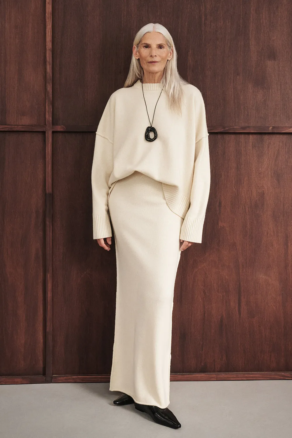 PAIGE CREAM WOOL KNIT MIDI SKIRT Non Restrictive Fit High Shine