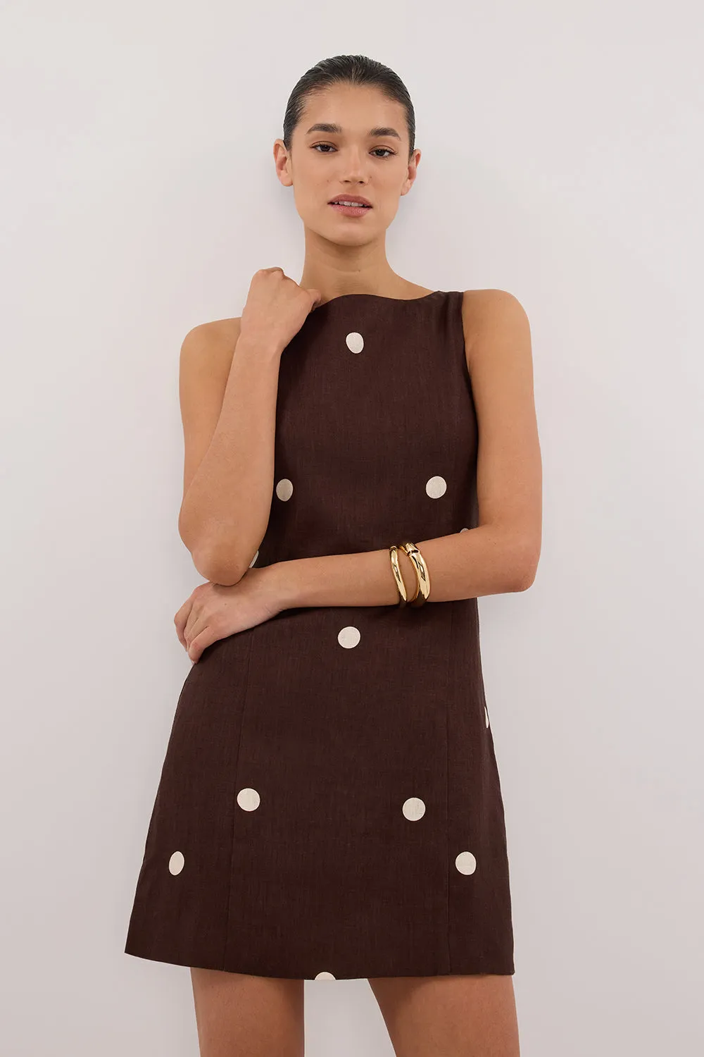 BEVERLY BITTER CHOC SPOT LINEN MINI DRESS Lace Ease Cozy Comfort