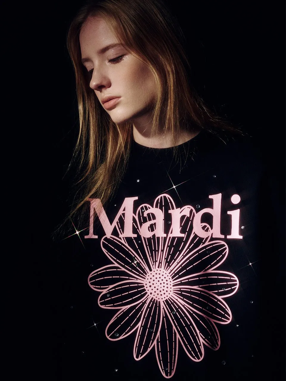 Urban Edge SWEATSHIRT FLOWERMARDI STONE EMBELLISHED_BLACK PINK