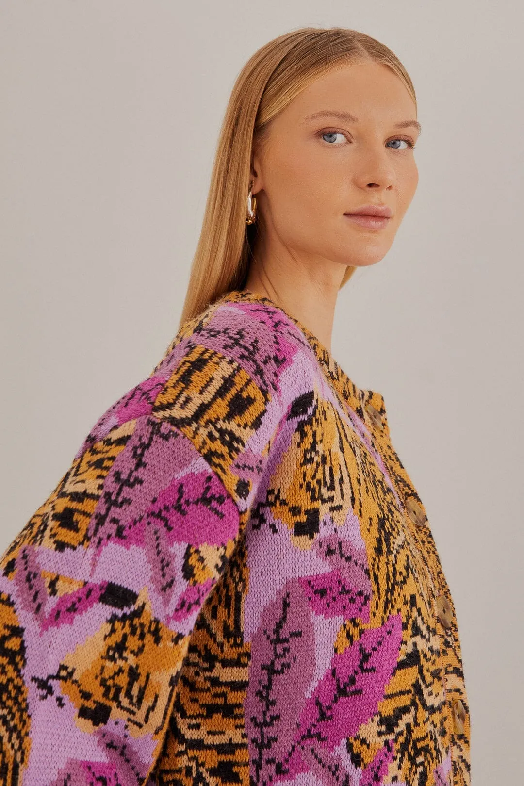 Flexible Waistband Lavender Tiger Leaves Knit Cardigan