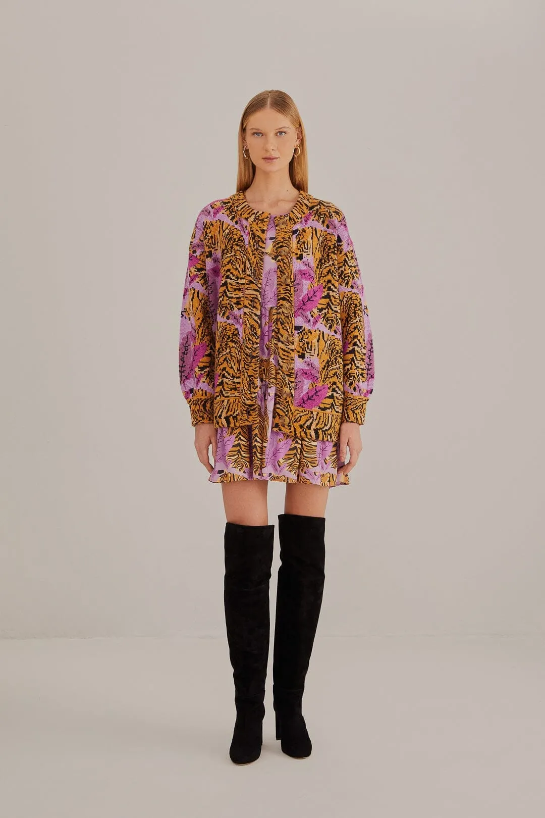 Lavender Tiger Leaves Knit Cardigan Modern Basic FrayResistant Edging