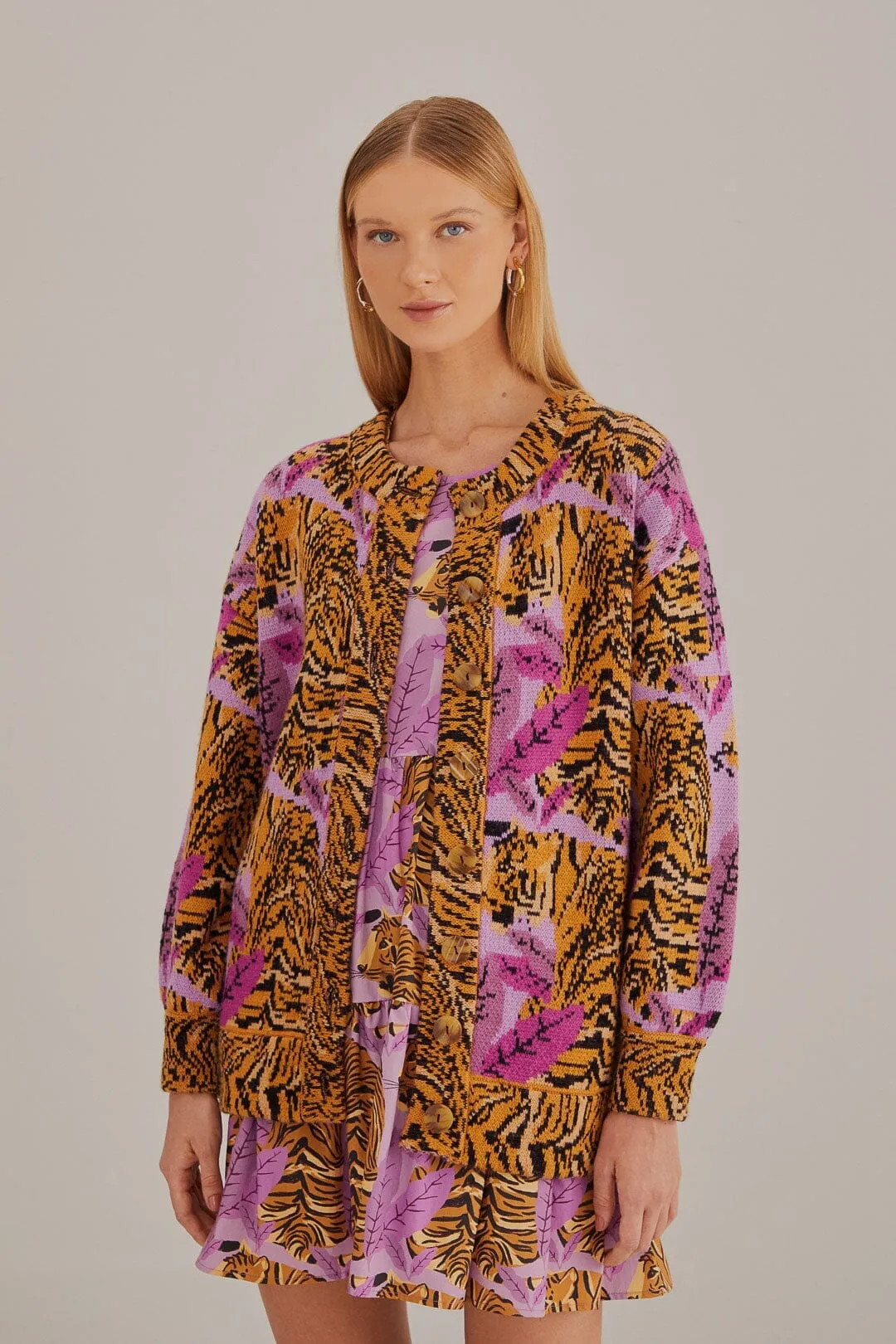 Lavender Tiger Leaves Knit Cardigan Outdoor Comforted Smart Layer