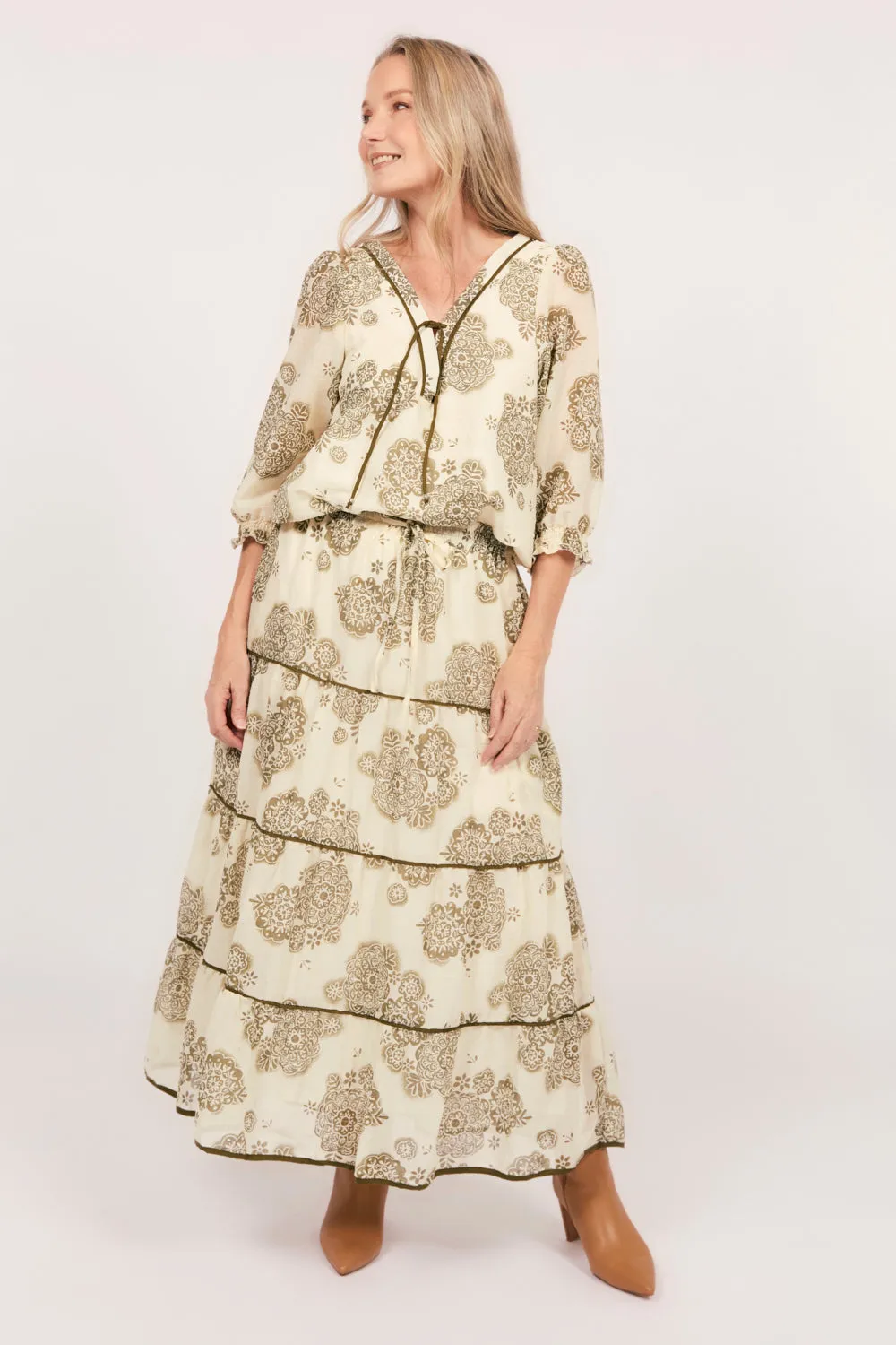 Danica Tiered Skirt in Moroccan Belle Olive Layer Combo