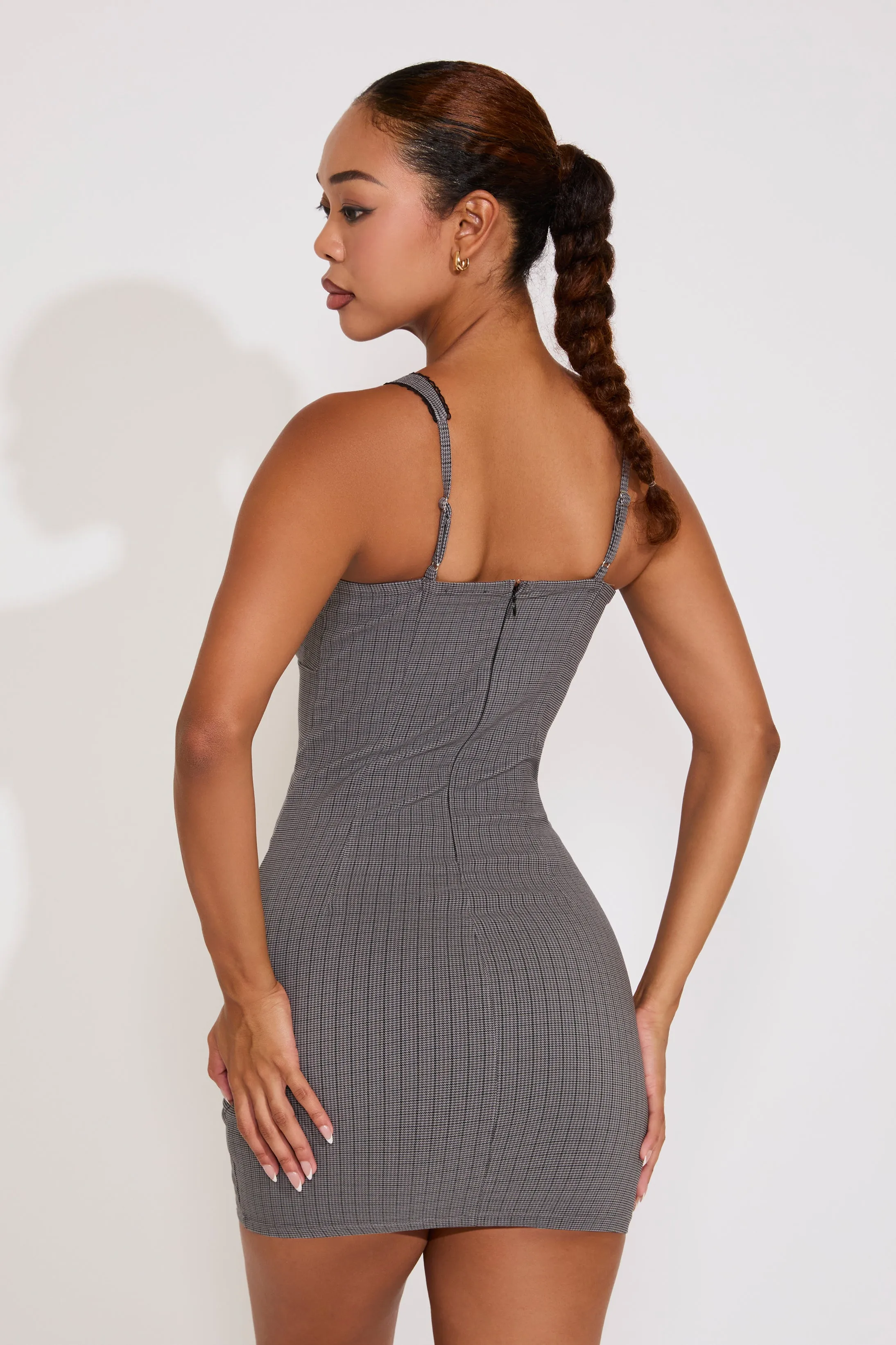 Clean Stitch PLAID LACE TRIM FRONT TIE SLEEVELESS MINI DRESS