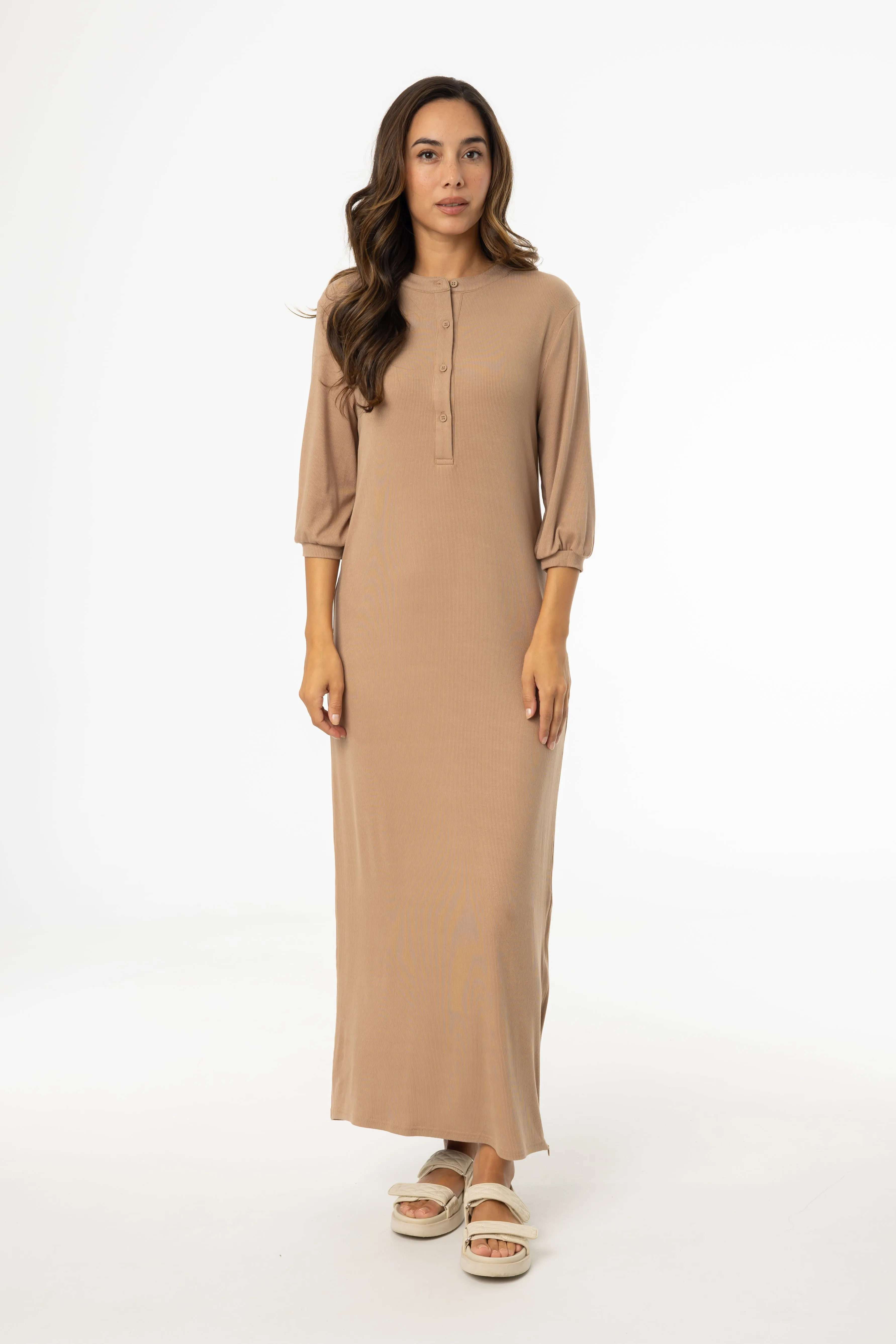 Summer Ready Linen Vibe Mocha 3/4 Sleeve Maxi Dress