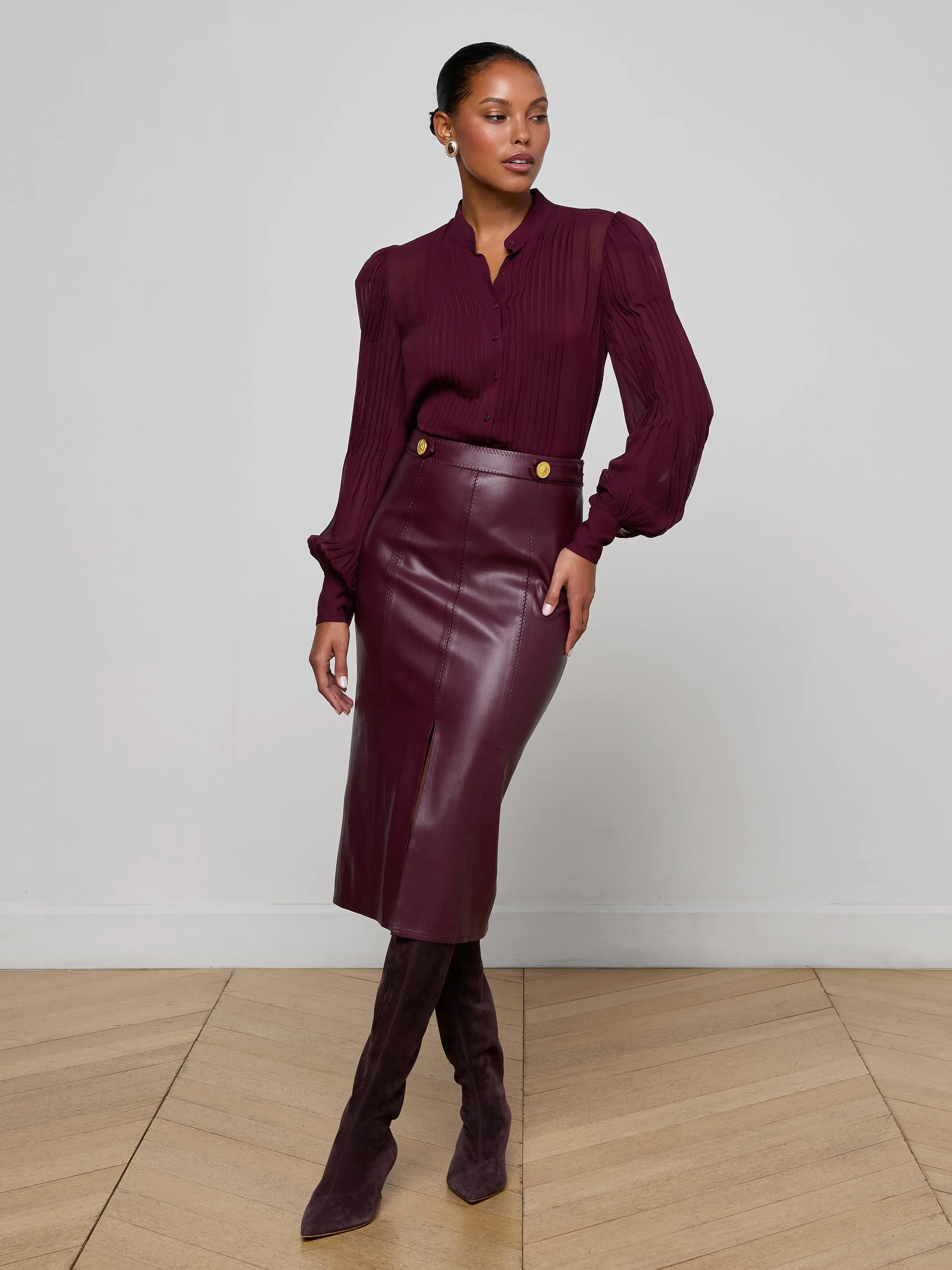 Arlette Vegan Leather Midi Skirt Fashion Week Ready