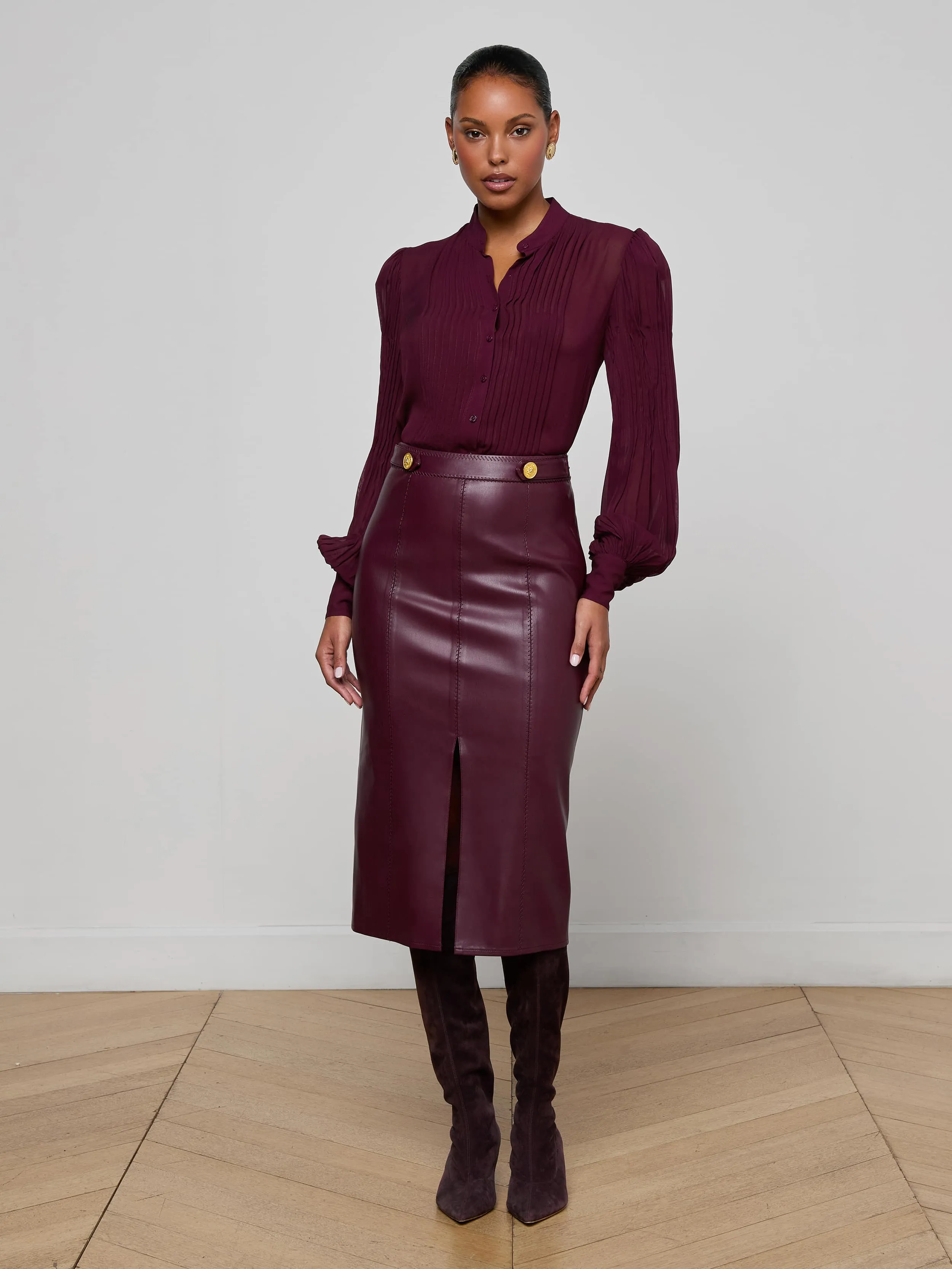Arlette Vegan Leather Midi Skirt Couture Inspired