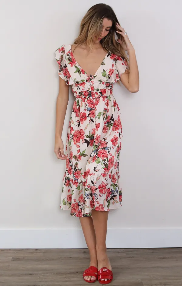 Layered Fabric Slim Touch Floral Santorini Dress