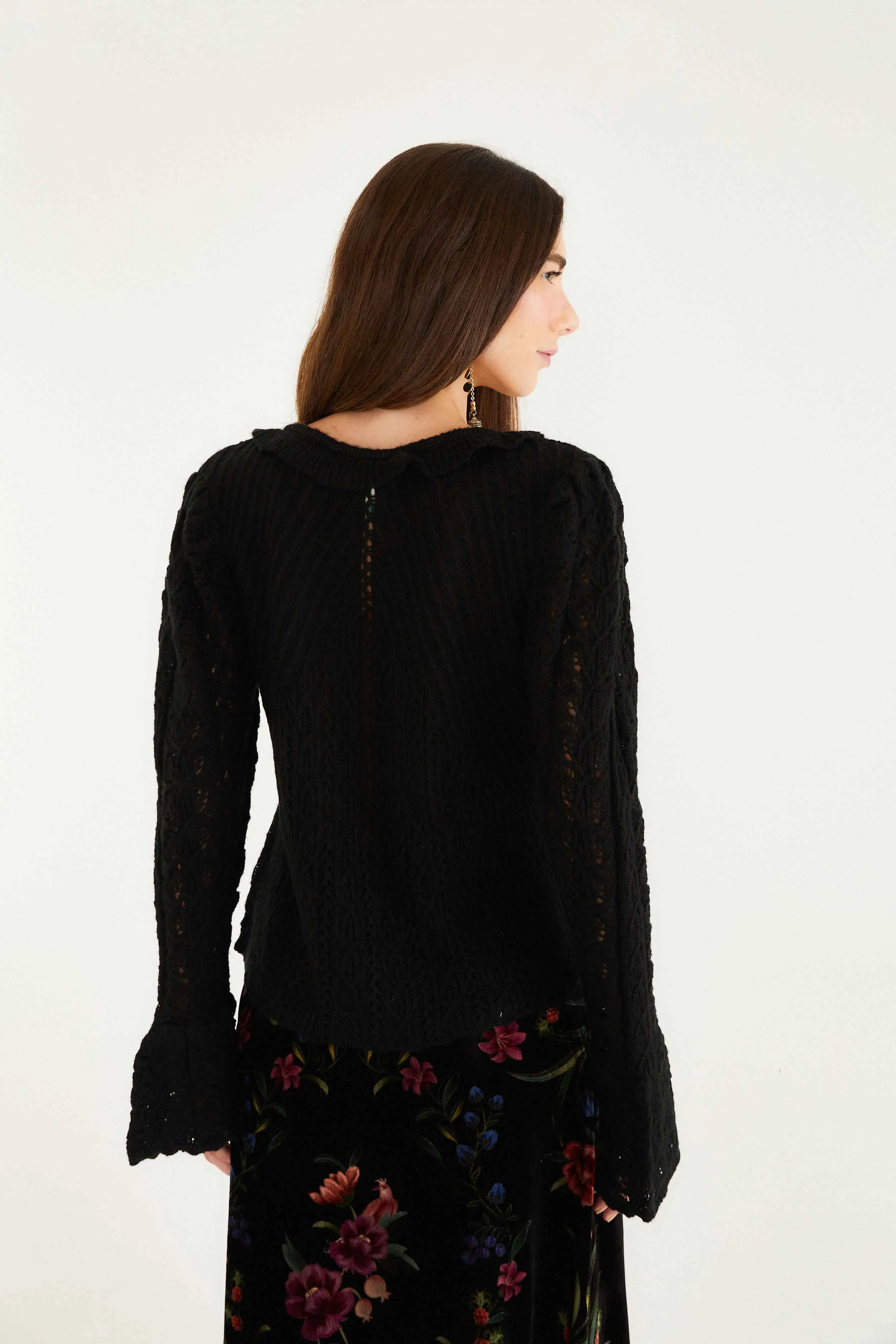 Black Lace Ruffled Knit Cardigan Mid Season