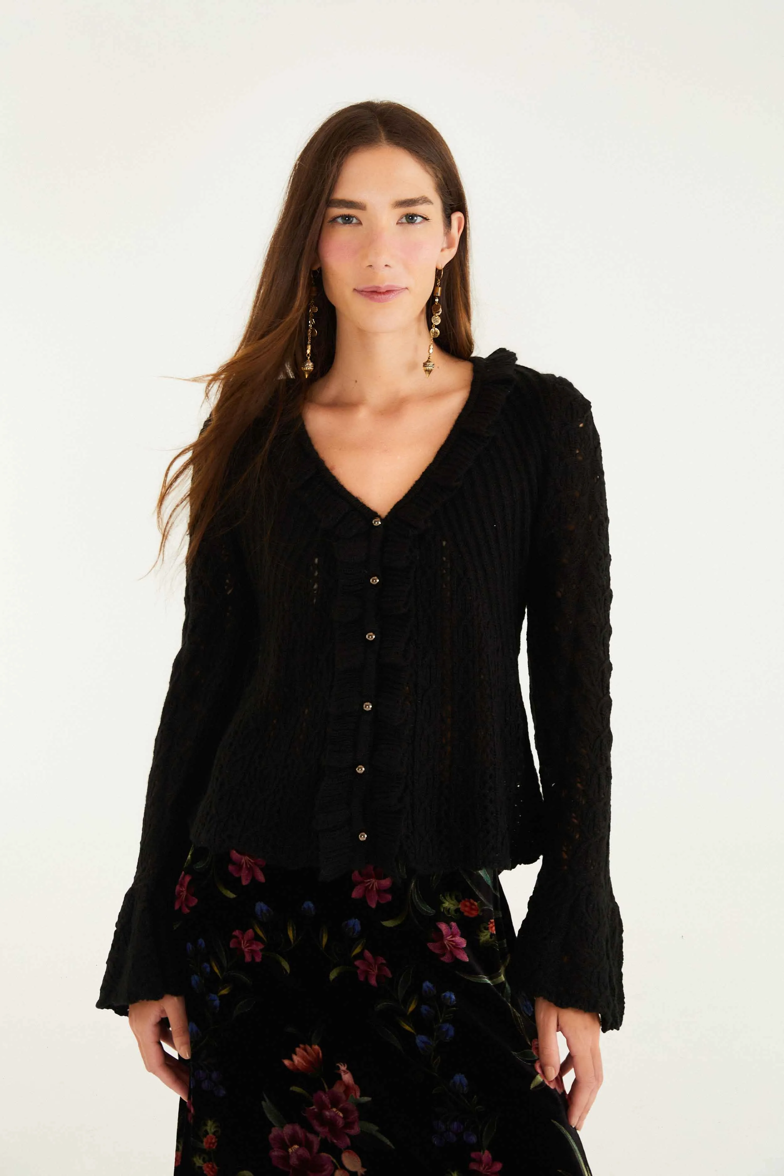 Black Lace Ruffled Knit Cardigan Microfiber Inner Layer Classic Shape