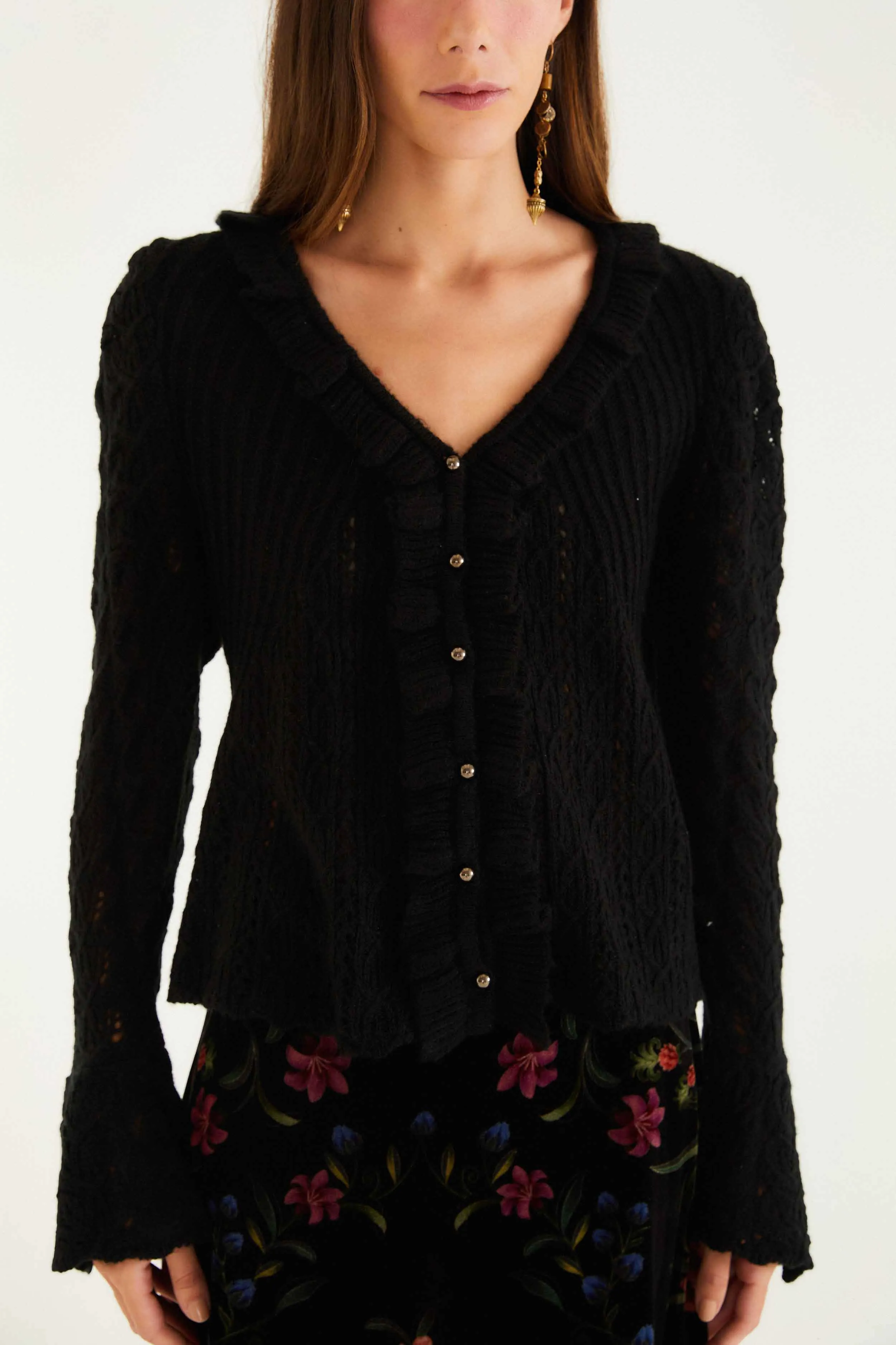 Black Lace Ruffled Knit Cardigan Lightweight Form