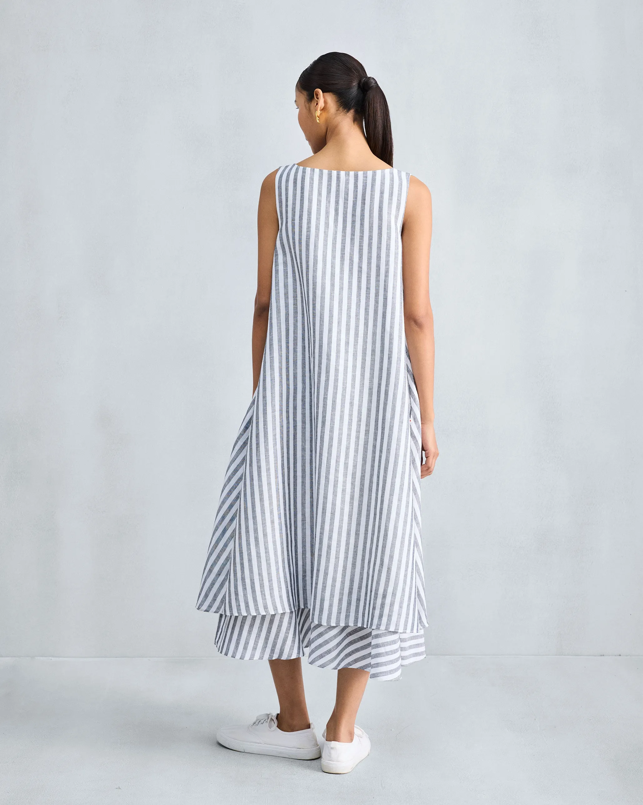 ComfortFitDesign Flattering Layers Double Layer Dress - Charcoal & White Stripes