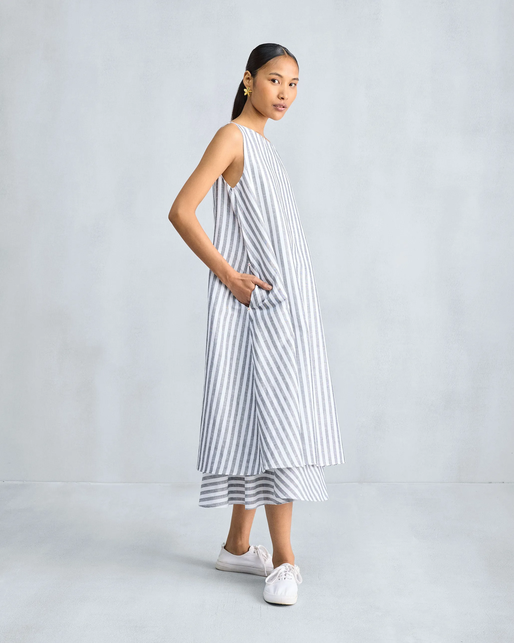 Double Layer Dress - Charcoal & White Stripes Multipurpose