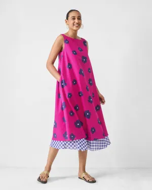 Silky Finish Double Layer Dress - Fuchsia & Purple Print