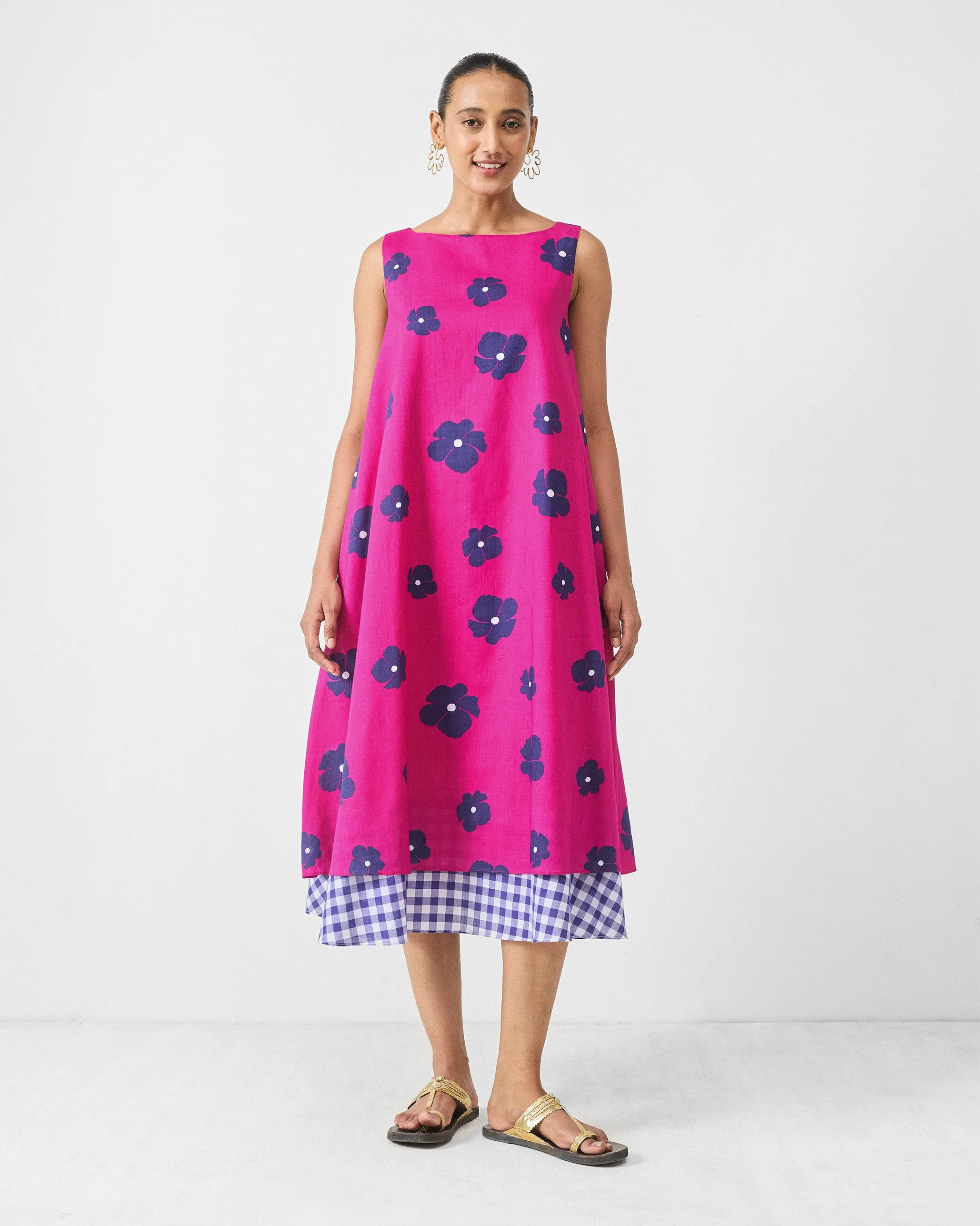 Chic Tailoring Waist Double Layer Dress - Fuchsia & Purple Print