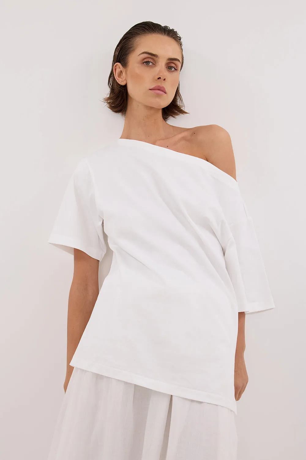 ESME WHITE ASYM BOAT NECK TEE Soft Palette