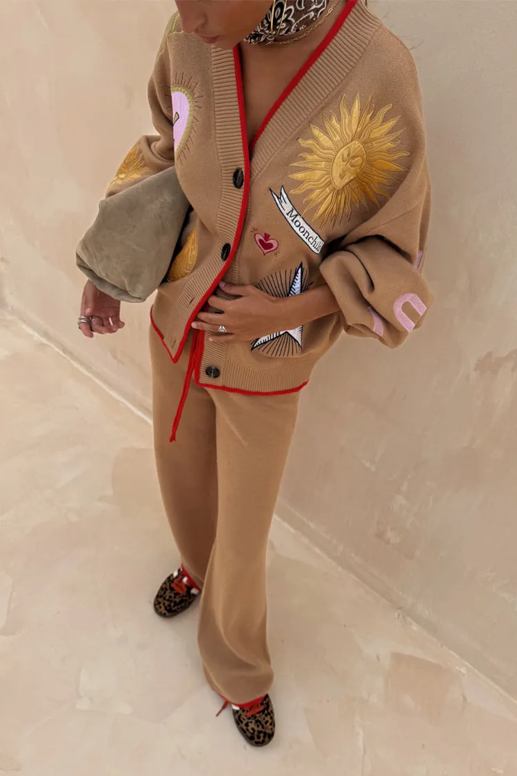 Camel Wide Leg Joggers Loopwheel Construction Chunky Cable Pattern