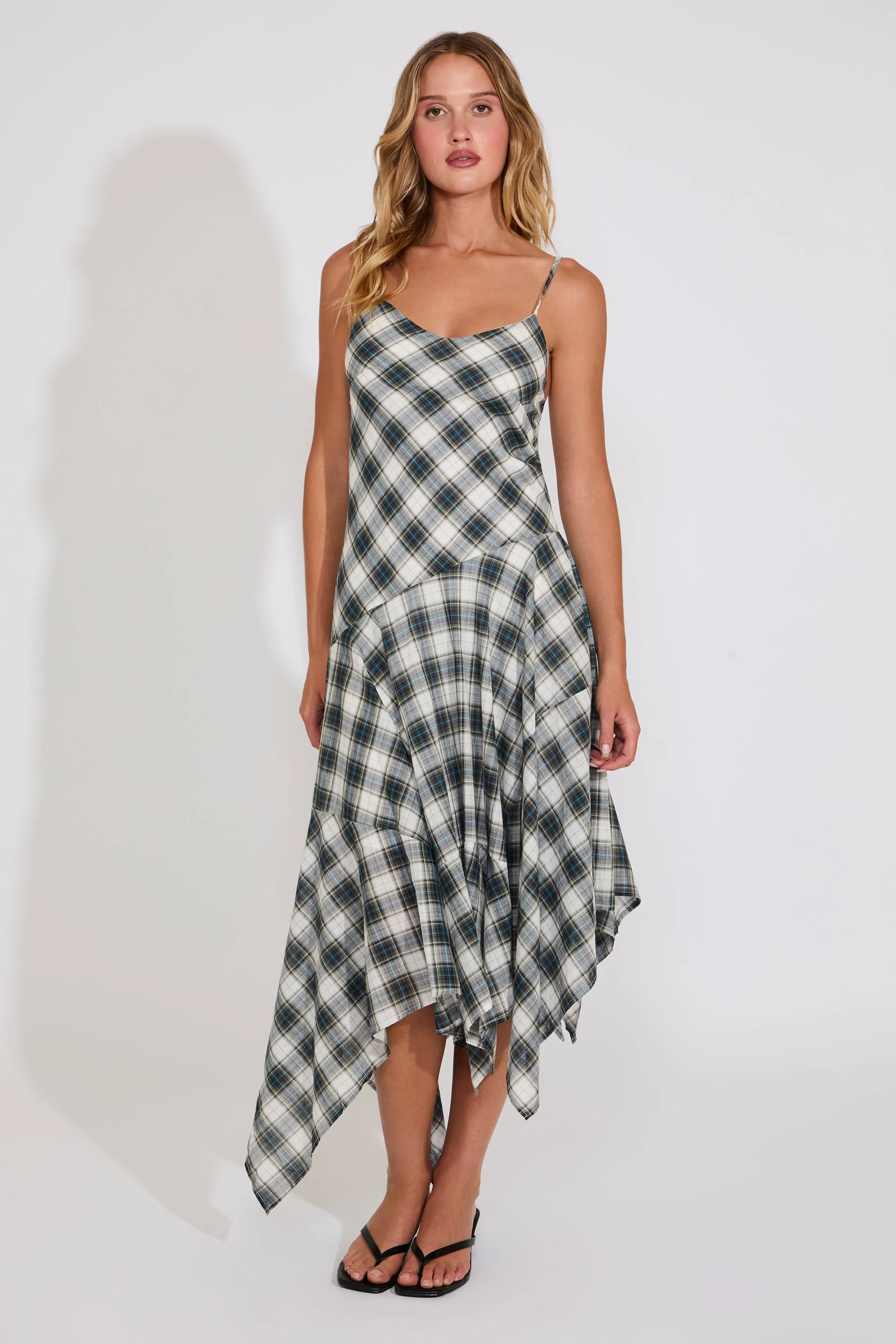 Daily Essential DROP WAIST PLAID SLEEVELESS MIDI DRESS