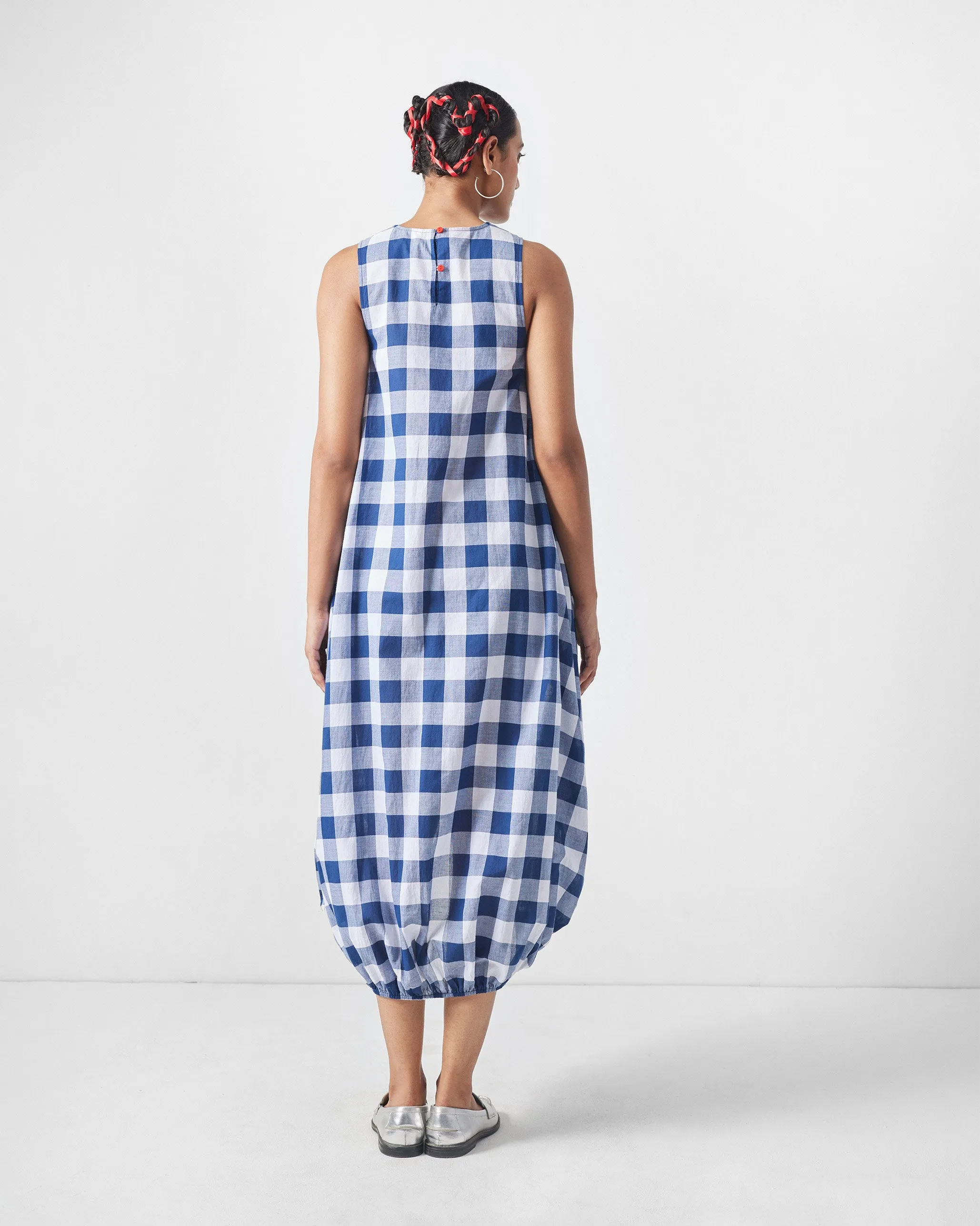 Fiji Dress - Blue & White Checks Quilted-Lining Refined Cut