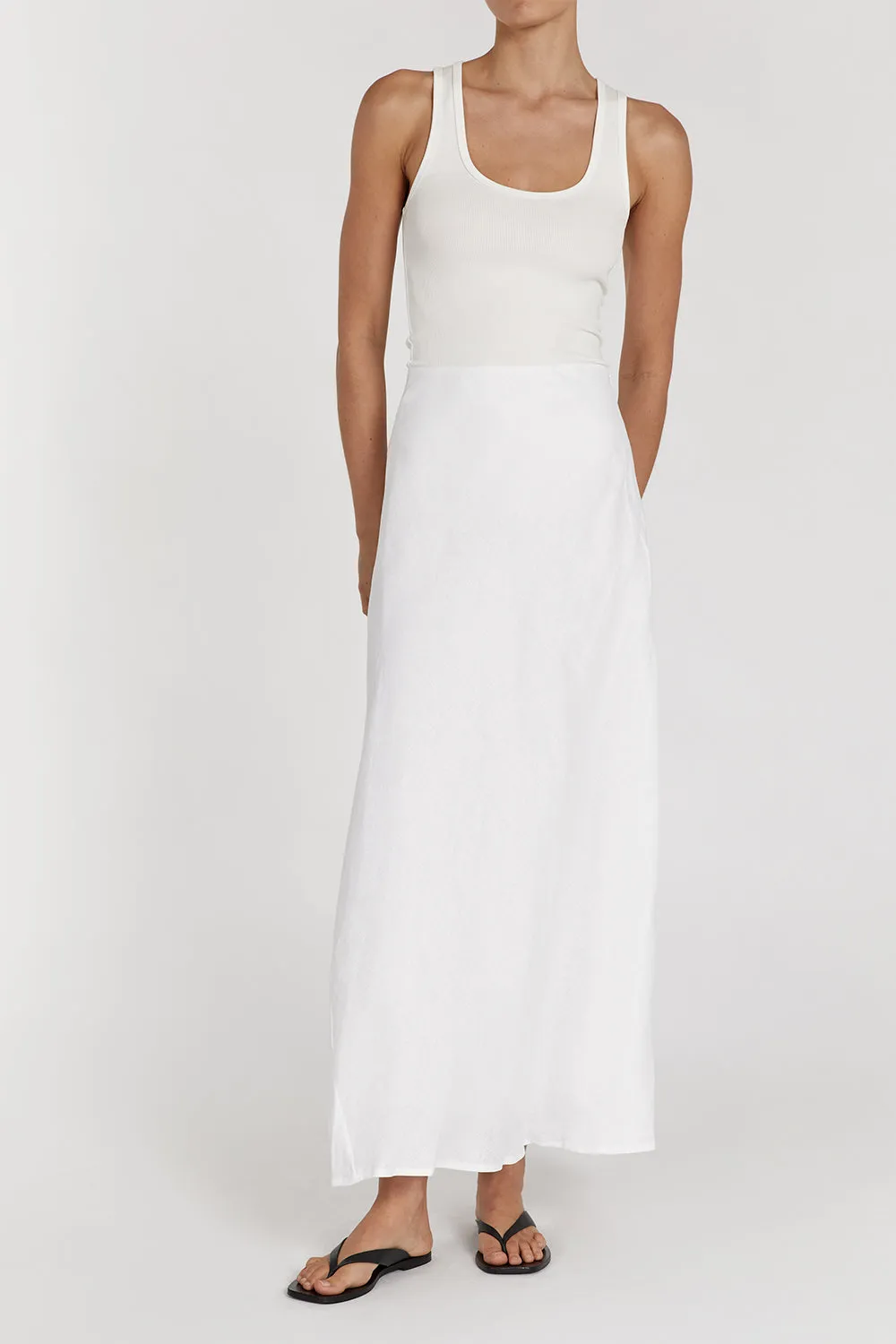 Balanced Outfit Style Essential SYRAH WHITE LINEN MIDI SKIRT